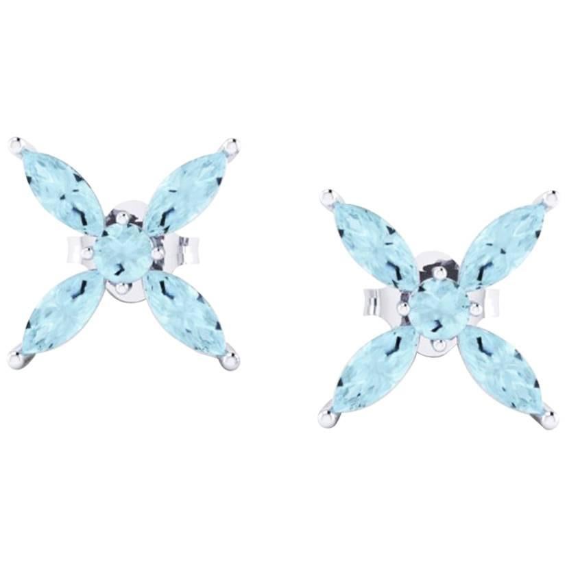 Ferrucci Pendientes Flor Marquesa de Aguamarina en Oro Blanco de 18 quilates hechos en Nueva York en venta