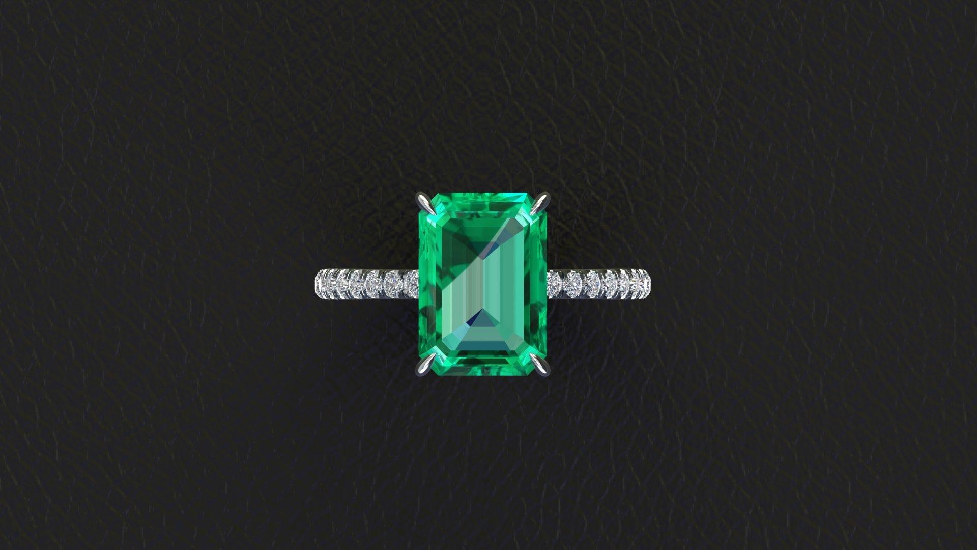 FERRUCCI GIA Certified 3.31 carat Emerald, very high quality color and transparency embellished by a pave' of bright diamonds of approximately  total carat weight of 0.32 carat, set in a hand crafted Platinum 950 ring, manufactured with the best