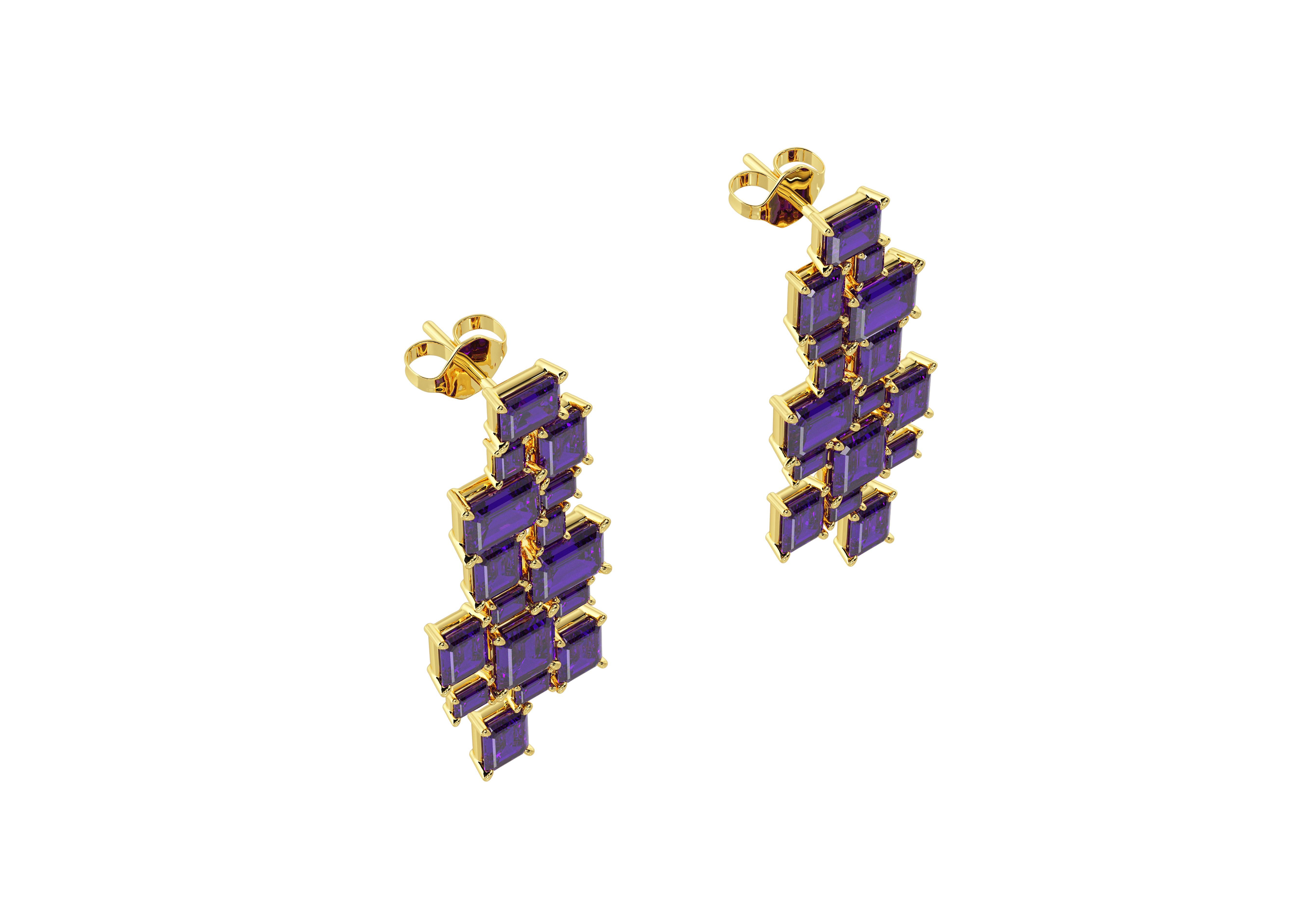 from FERRUCCI a contemporary design featuring emerald cut natural purple amethysts, selected and set in hand made, 18k yellow gold chandelier earrings, for a geometric waterfall of purple crystals, perfect for every season.

These spectacular