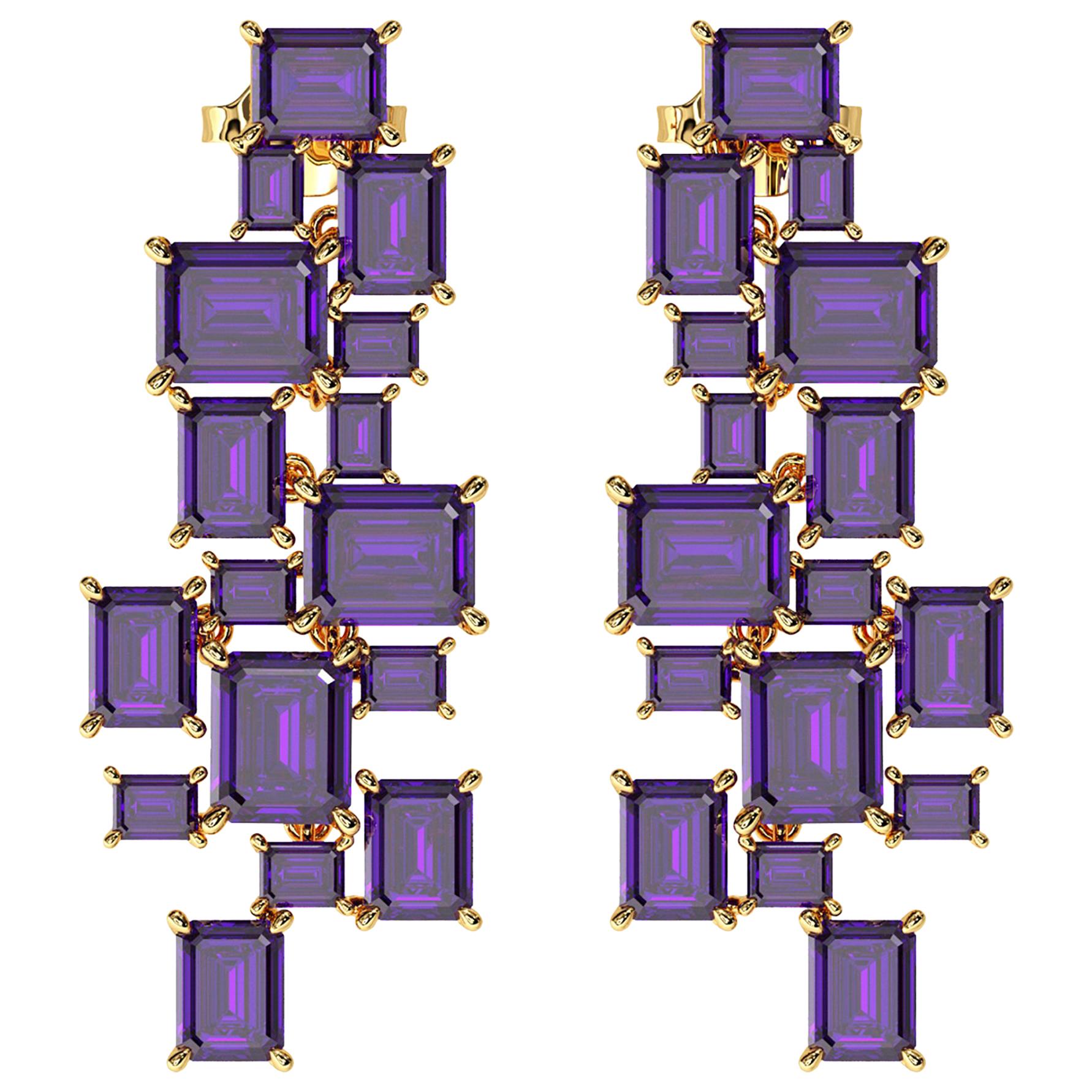 Ferrucci Natural Purple Amethyst Chandelier Earrings in 18 Karat Yellow Gold