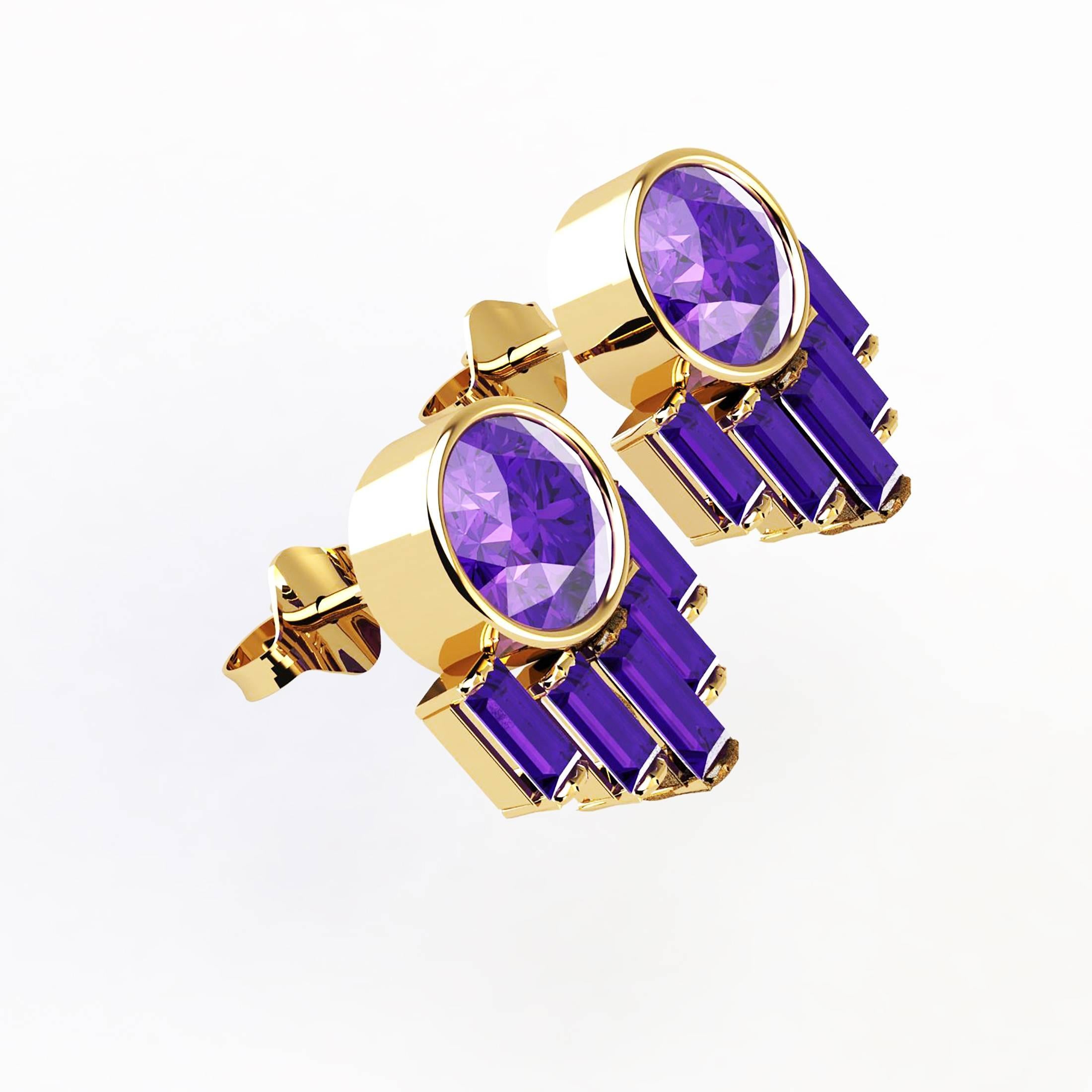 Ferrucci Art Deco Style design 18k yellow gold earrings, hand made in New York by Italian master jeweler, showcasing natural purple round Amethysts, embellished by amethyst baguettes, in a low setting style, easy to wear, pret-a-porter for an
