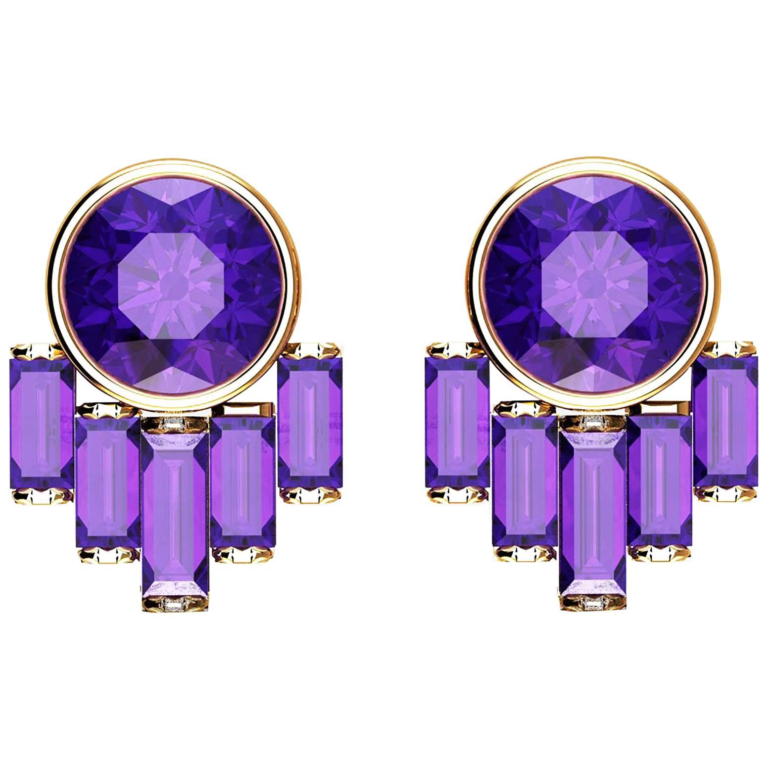 Ferrucci, boucles d'oreilles de style Art déco en or jaune 18 carats avec améthyste violette naturelle