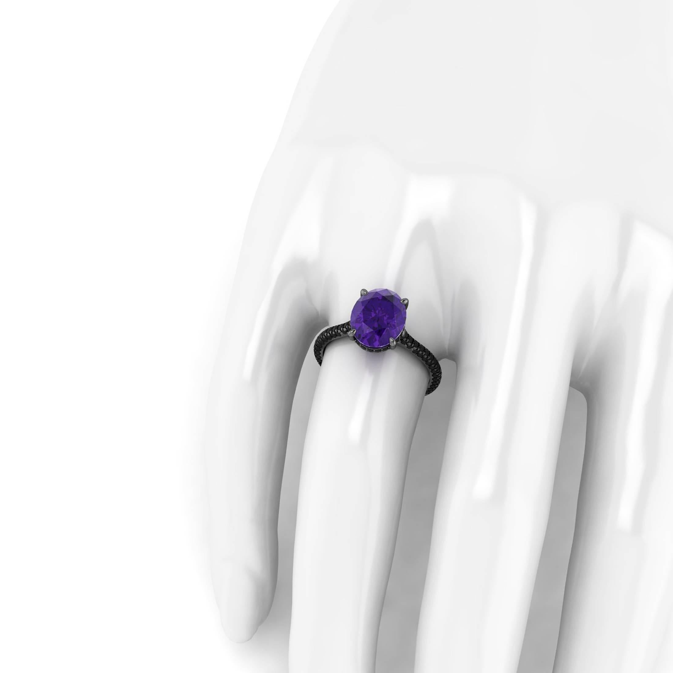 Neoclassical Ferrucci Natural Purple Oval Amethyst and Black Diamonds 18 Karat Rose Gold Ring