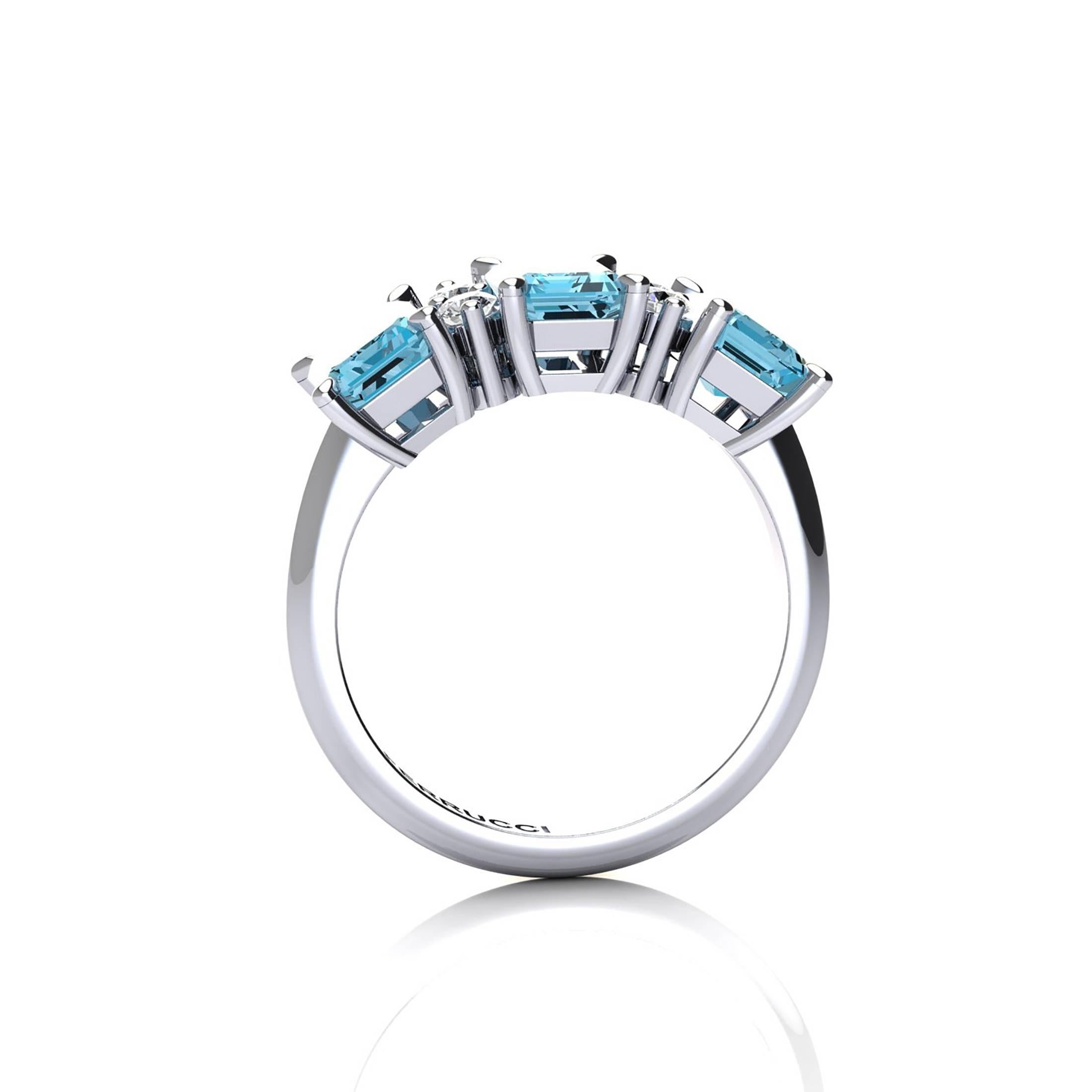Emerald Cut Ferrucci Three Blue Topazes and Diamonds Ring in 18 Karat White Gold For Sale