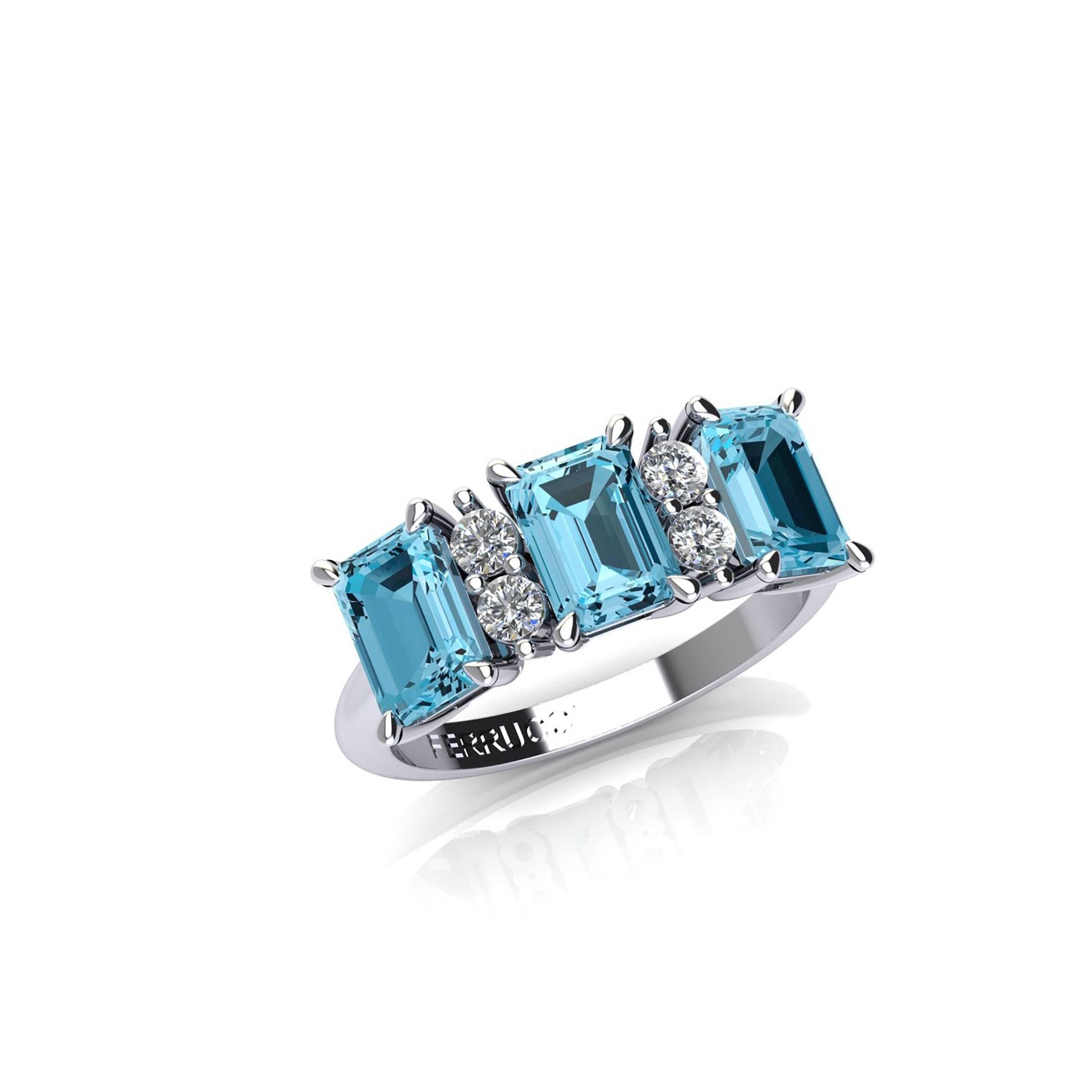 Ferrucci Three Blue Topazes and Diamonds Ring in 18 Karat White Gold In New Condition For Sale In New York, NY