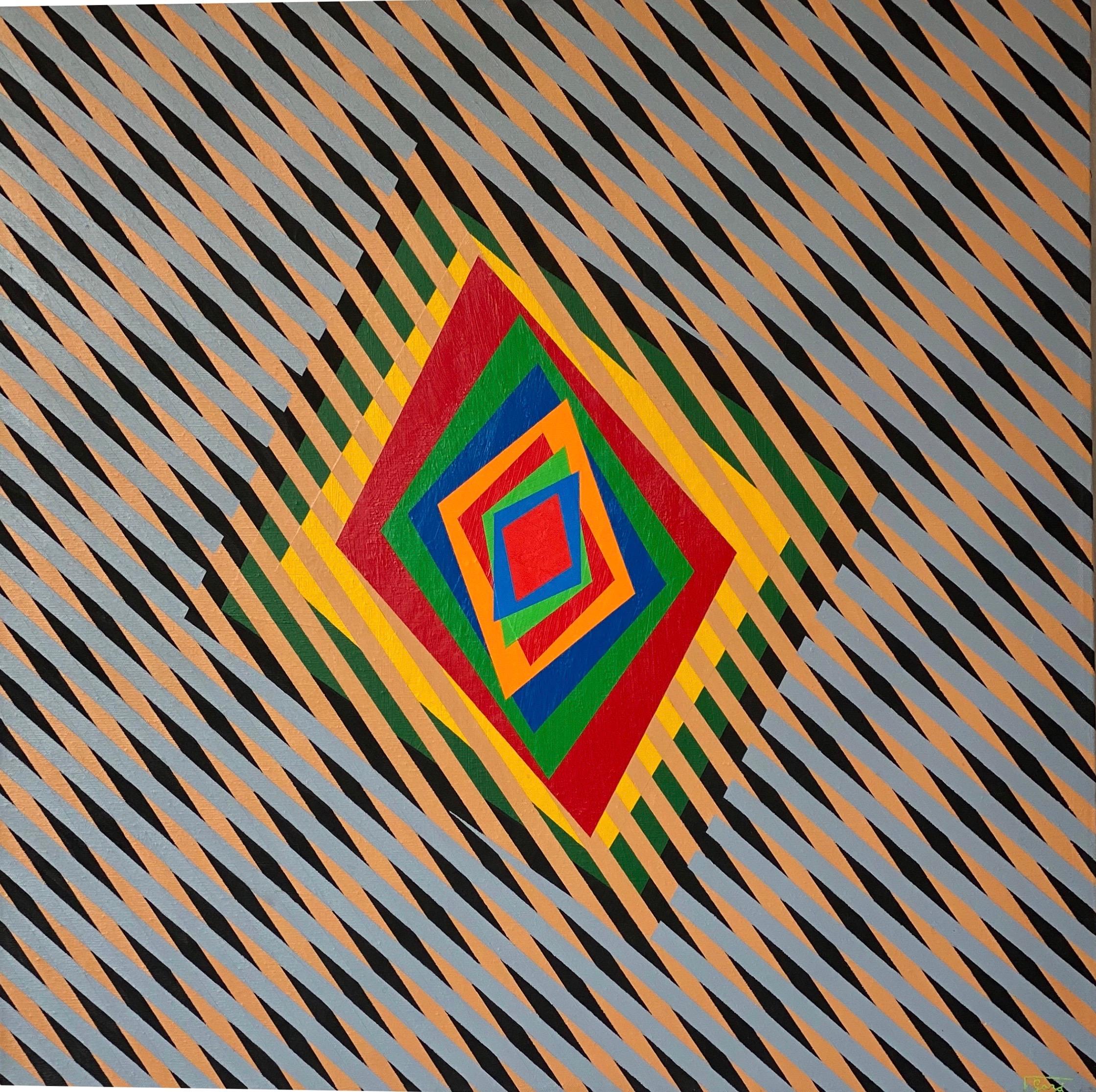 Ferruccio Gard Abstract Painting - Colourful, op-art modern painting "Movimenti Percettivi 70-69"