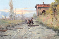 Rustic Landscape - Donkey Cart on a Rural Road Italian Oil on Canvas Painting