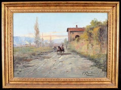 Rustic Landscape - Donkey Cart on a Rural Road Italian Oil on Canvas Painting