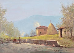 Summer Landscape - Rustic Italian Cart Road Haystack Oil on Canvas Painting