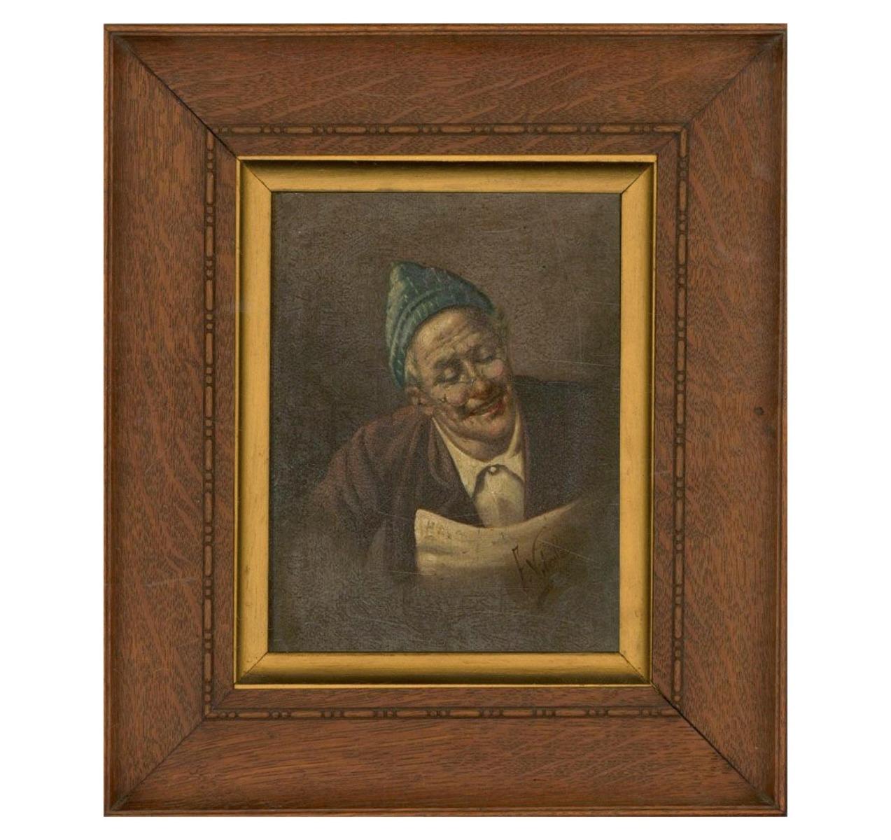 Questo affascinante ritratto raffigura un anziano signore che legge il giornale. L'artista ha catturato deliziose sacche di colore nelle sue guance rosee e nelle sue labbra rosa. L'artista ha apposto la sua firma nell'angolo in basso a destra. <span