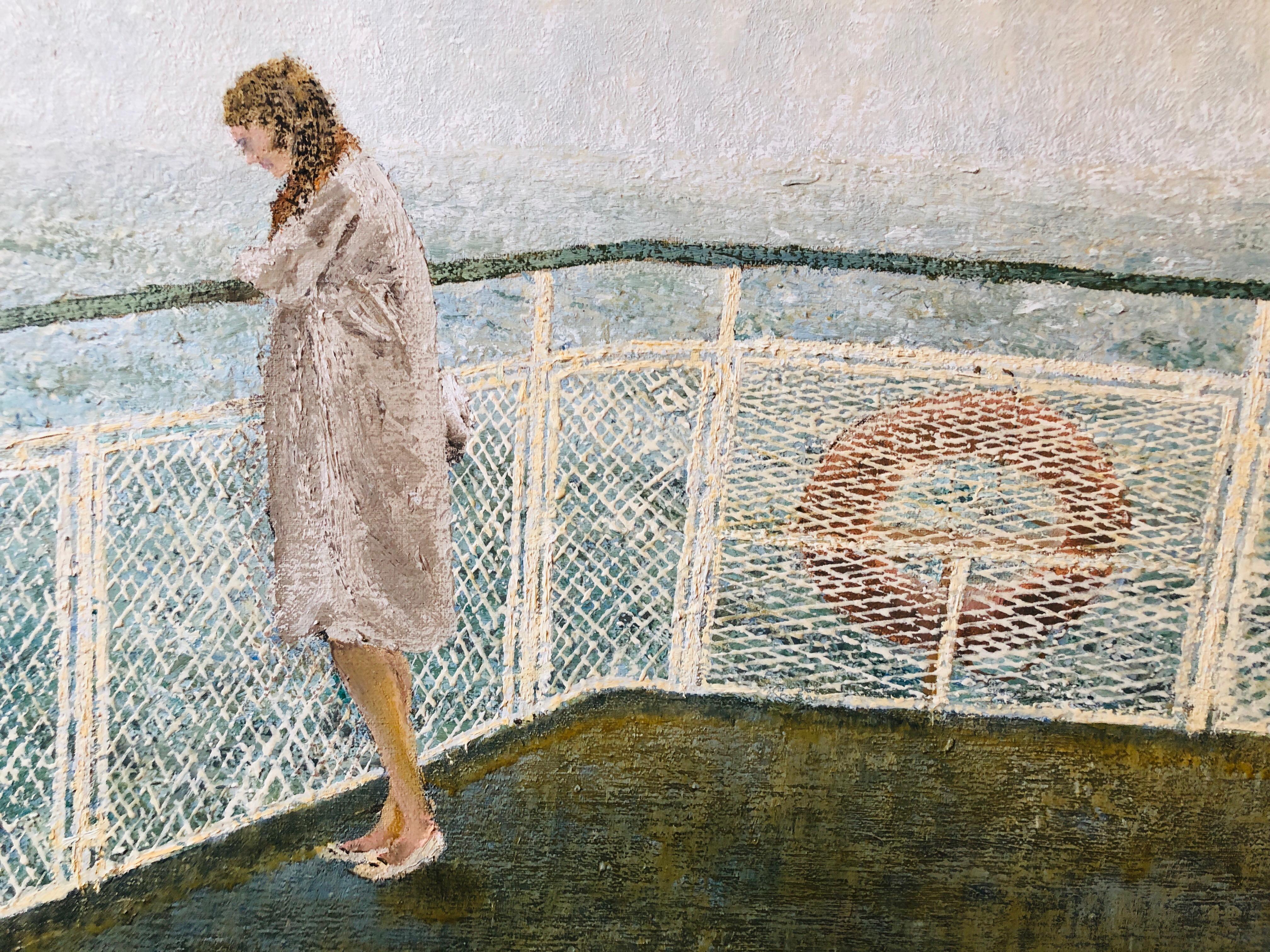This is a lovely painting of a female ferry passenger peering over the railing into the water by Northwest artist A. Jones.