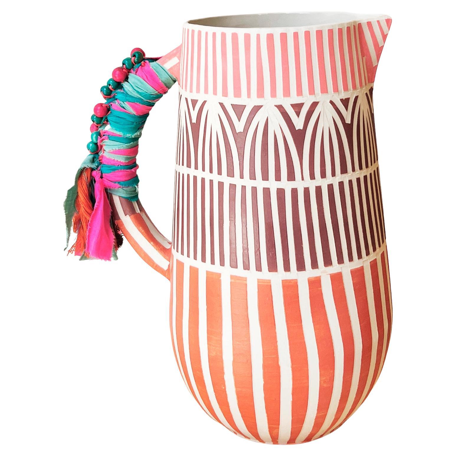 Festa Handmade Whimsical Ceramic Jug in White and Pink Stripes For Sale