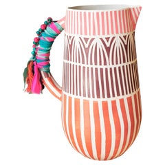 Festa Handmade Whimsical Ceramic Jug in White and Pink Stripes