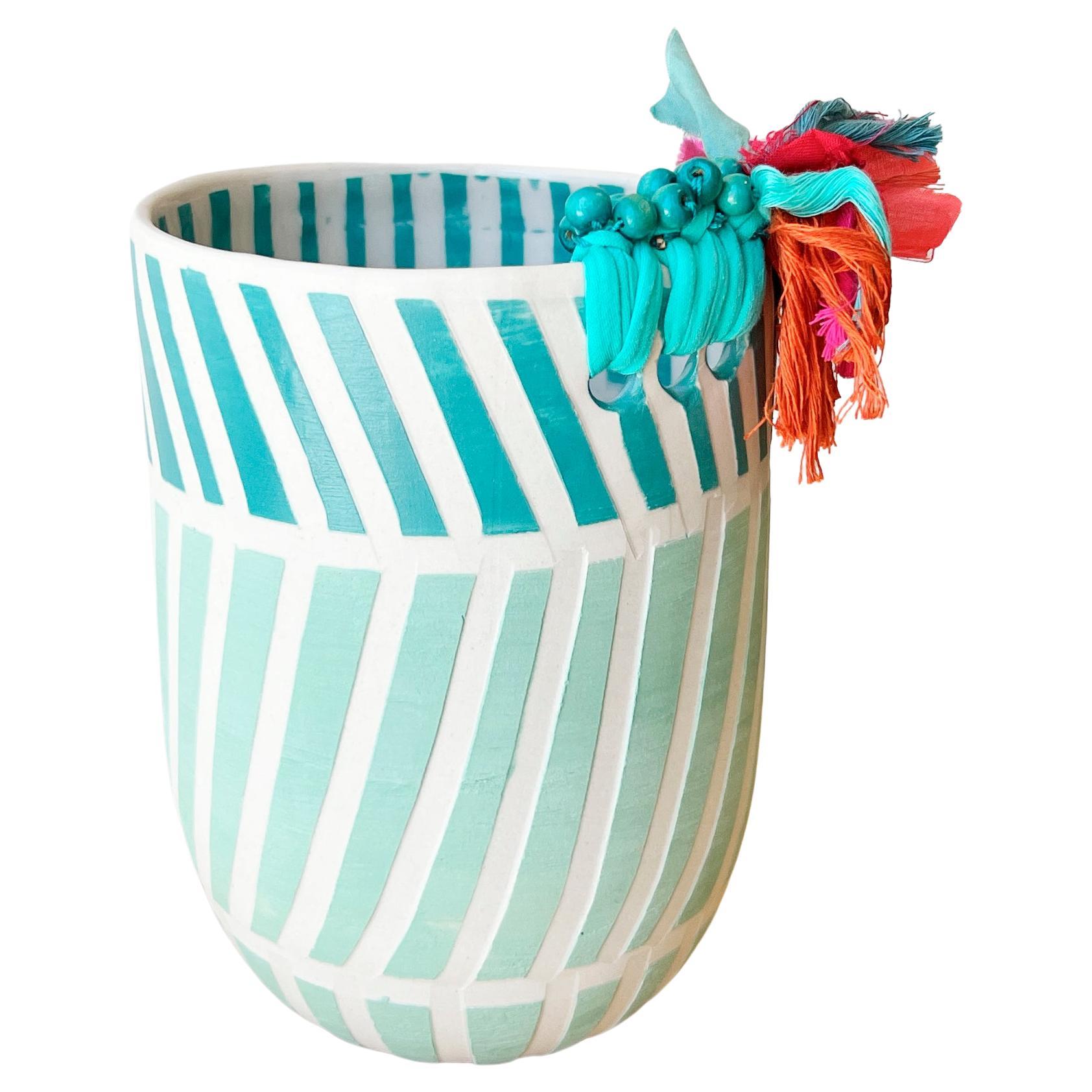 Festa Whimsical Handmade Ceramic Vase in Blue, Teal, Pink from Portugal For Sale