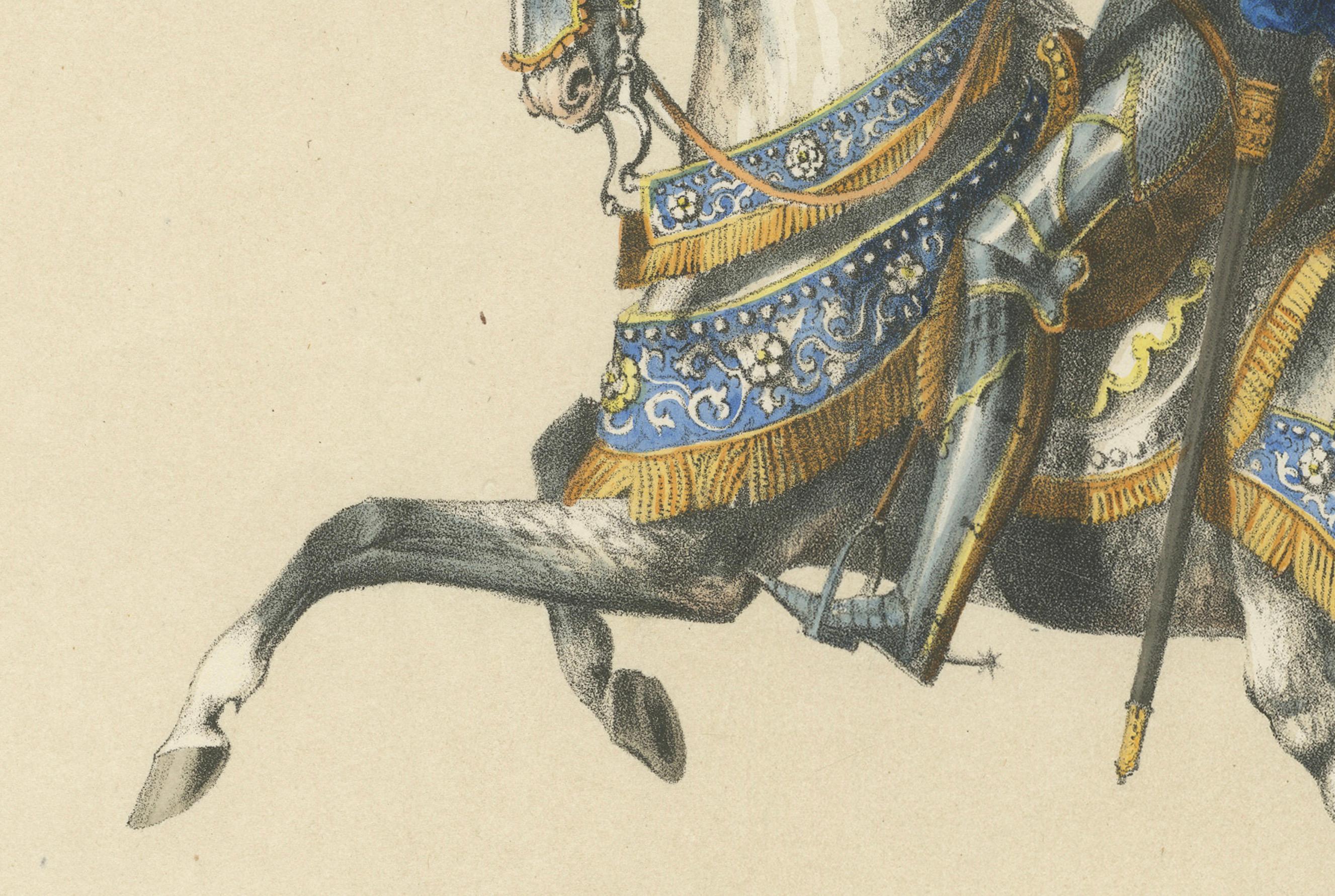 Title: 1855 Festival Cavalcade – The Waldmann Knight in Majestic Parade  

Description:  This magnificent hand-colored lithograph, created by H. Jenny and lithographed by Kümmerly and Wittmer, is part of the Fest Album commemorating Bern’s entry