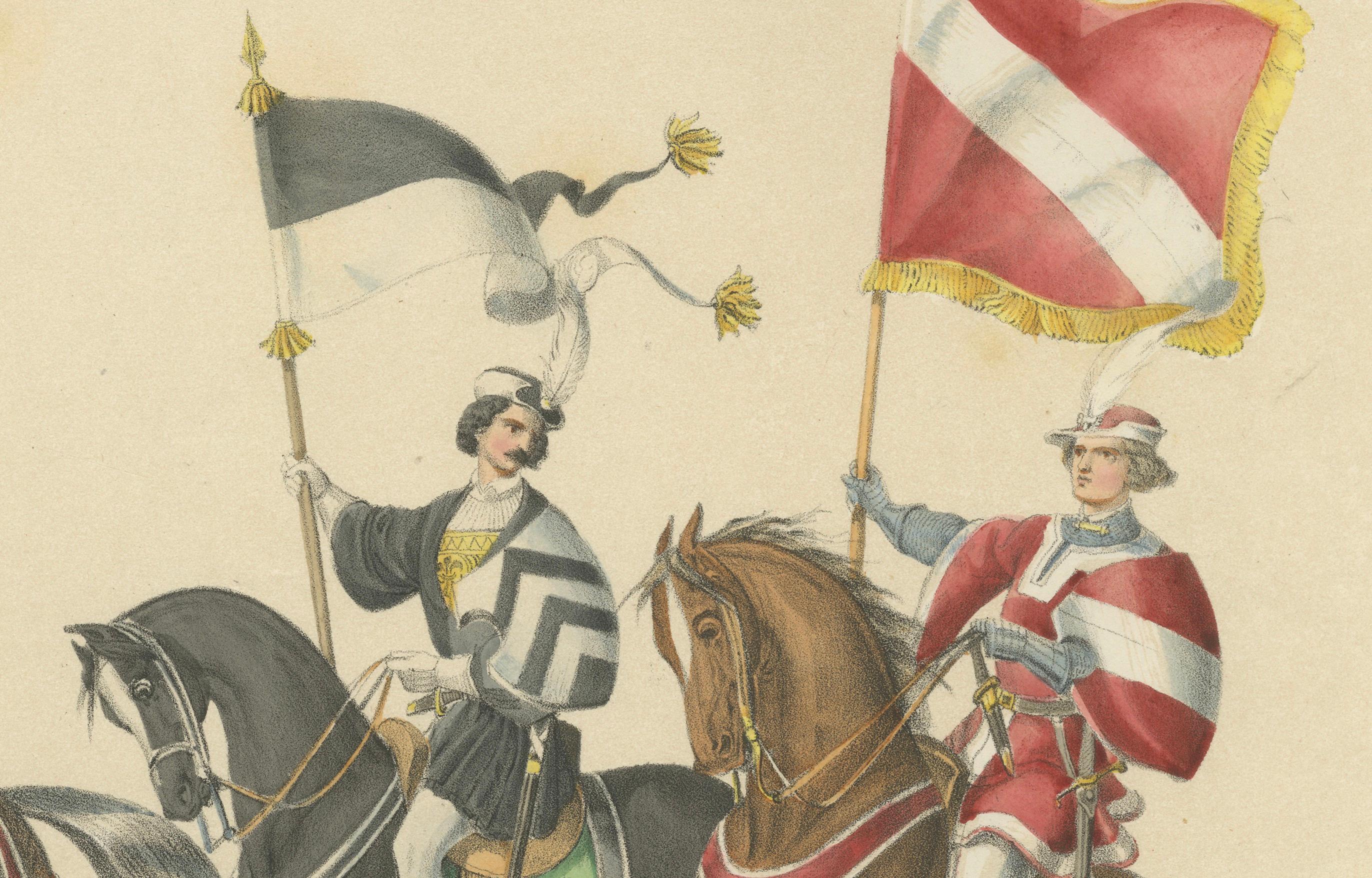 Titolo: Cavalcata festiva del 1855 - Stendardi di Friburgo e Strasburgo nel corteo svizzero 

Questa splendida litografia colorata a mano, creata da H. Jenny e litografata da Kümmerly e Wittmer, fa parte del 