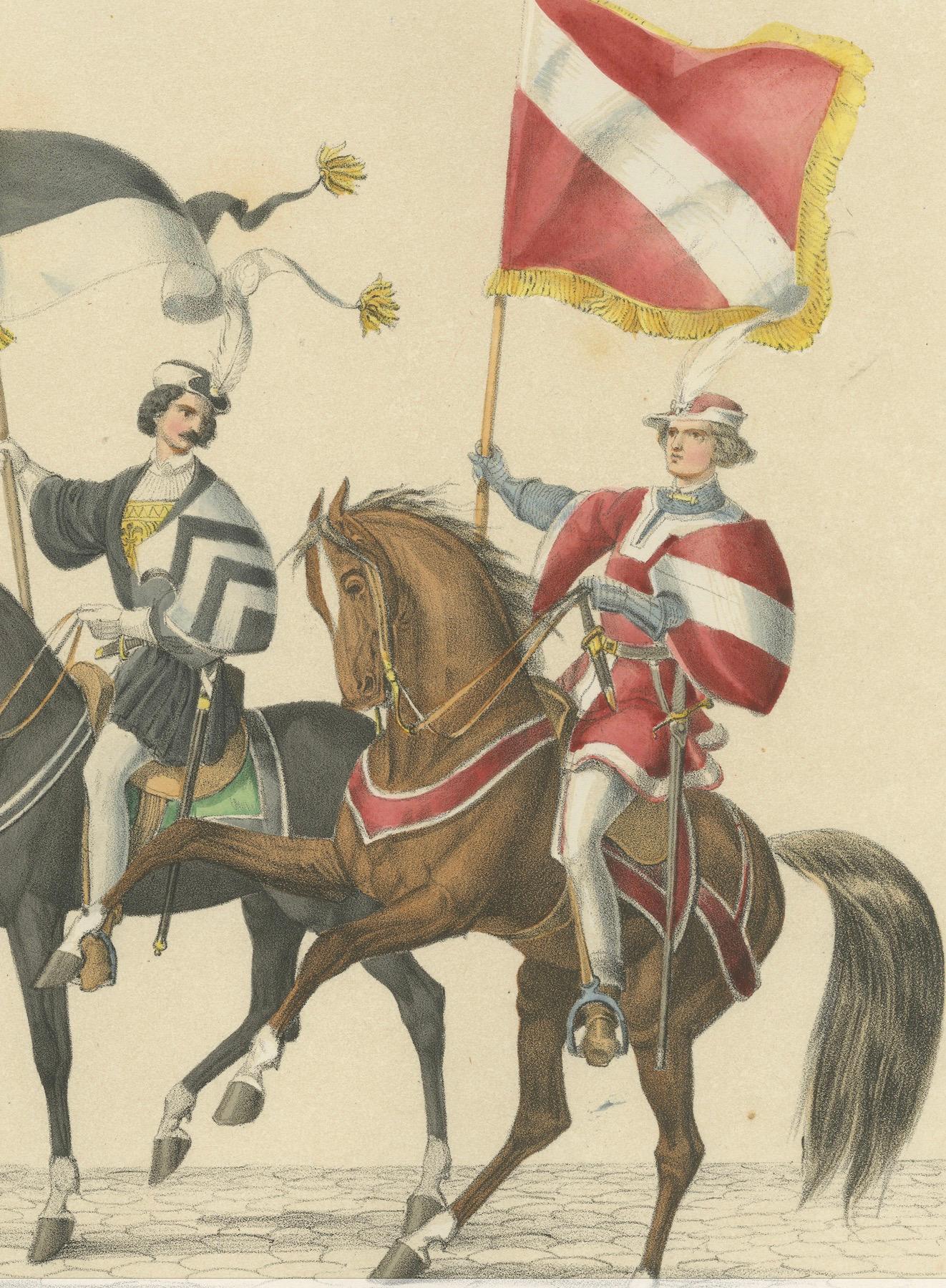 Metà XIX secolo Cavalcata festiva - Stendardi di Friburgo e Strasburgo nel corteo svizzero, 1855 in vendita