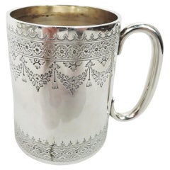 Antique Festive English Victorian Sterling Silver Baby Cup, 1887
