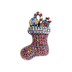 Festive Holiday Christmas Stocking and Candy Cane Pin Brooch, Pave Crystals