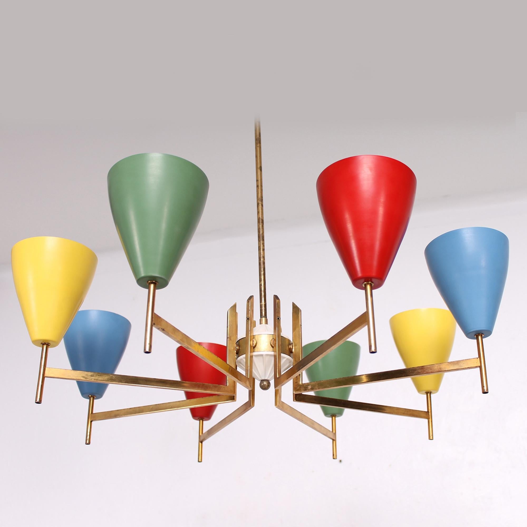 Mid-Century Modern 1950s Italian Colorful Modernist Chandelier Pendant Lamp Arredoluce