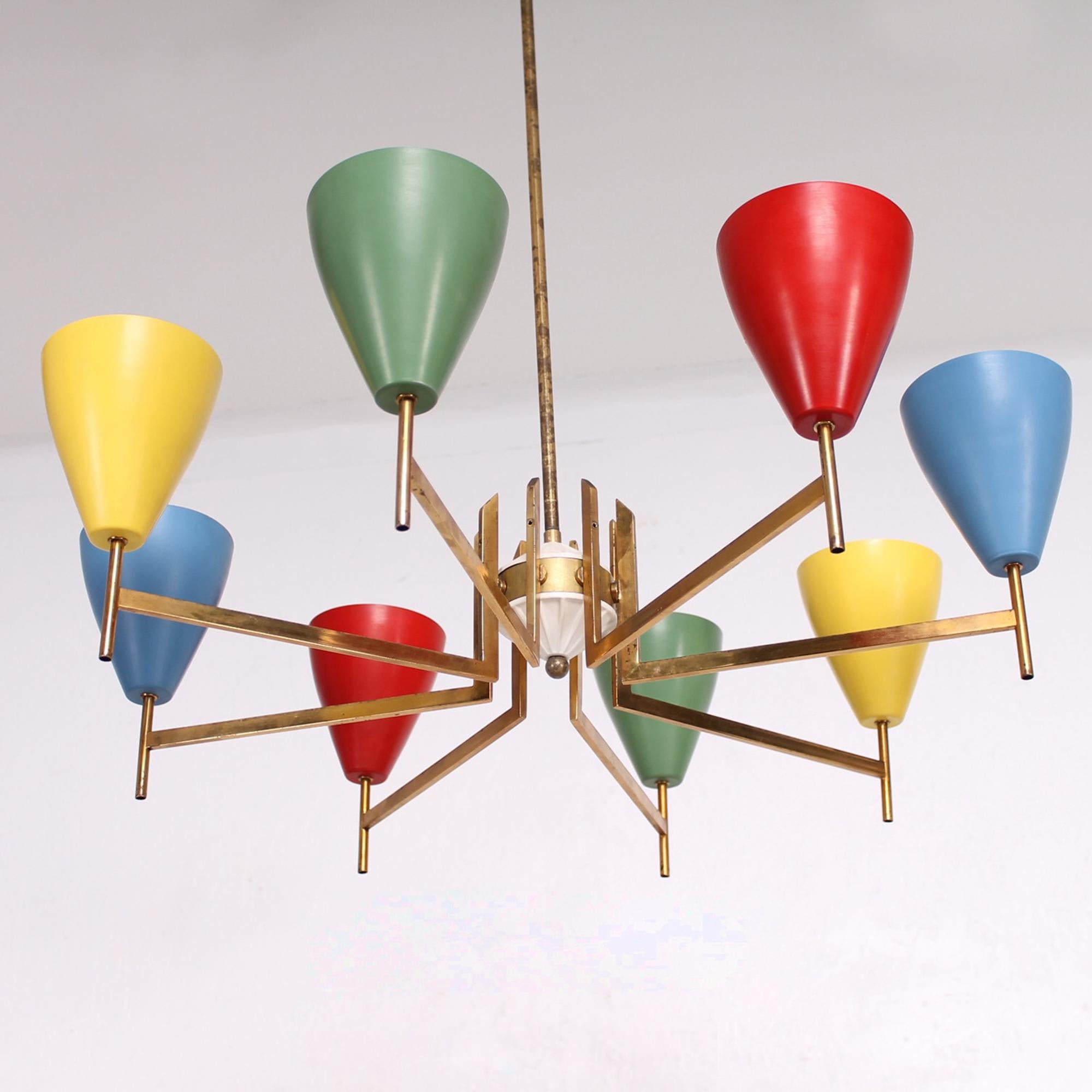1950s Italian Colorful Modernist Chandelier Pendant Lamp Arredoluce In Good Condition In Chula Vista, CA