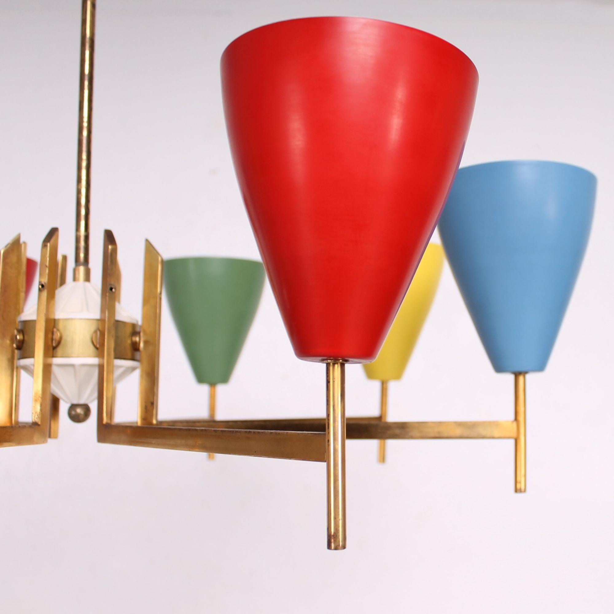 Aluminum 1950s Italian Colorful Modernist Chandelier Pendant Lamp Arredoluce