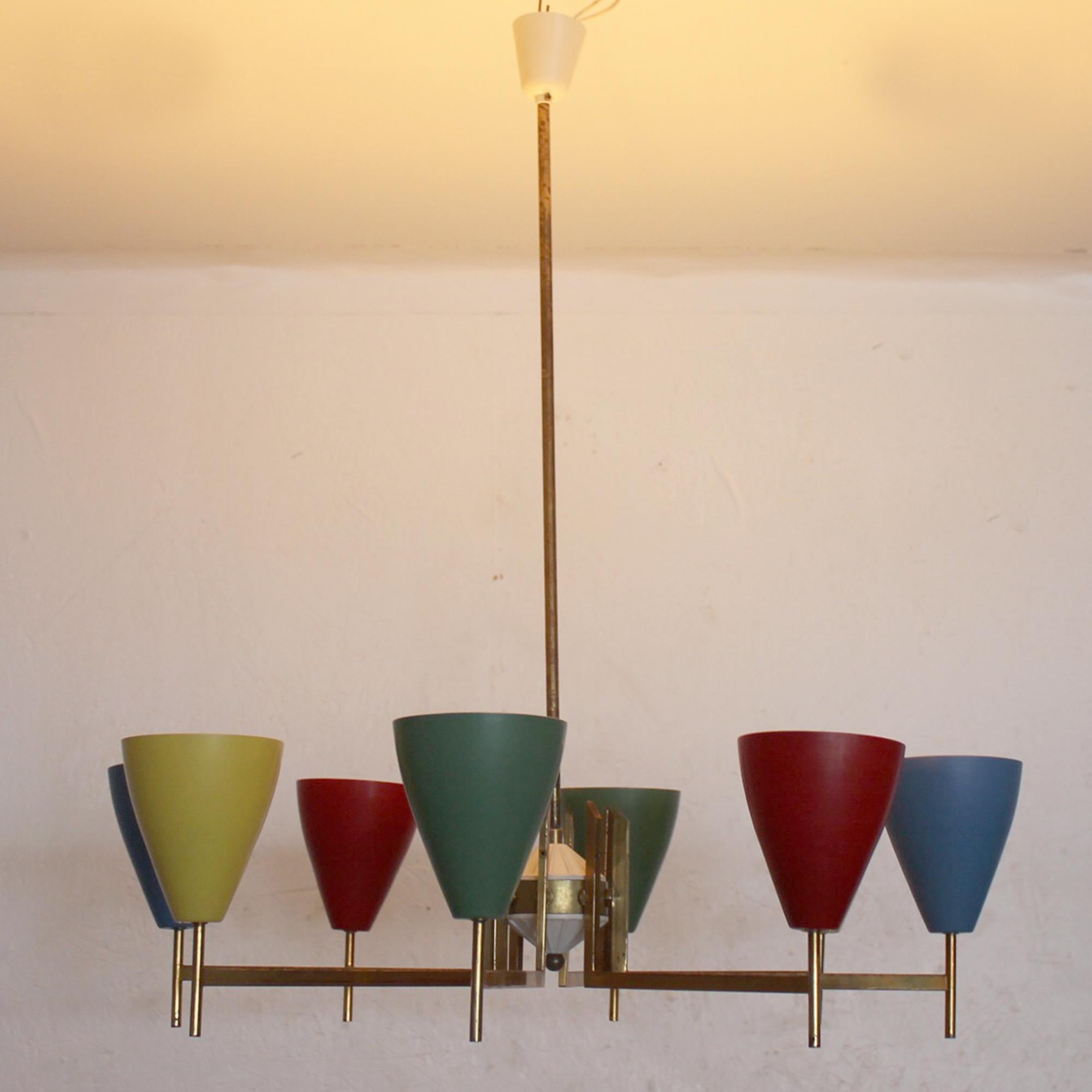 1950s Italian Colorful Modernist Chandelier Pendant Lamp Arredoluce 3