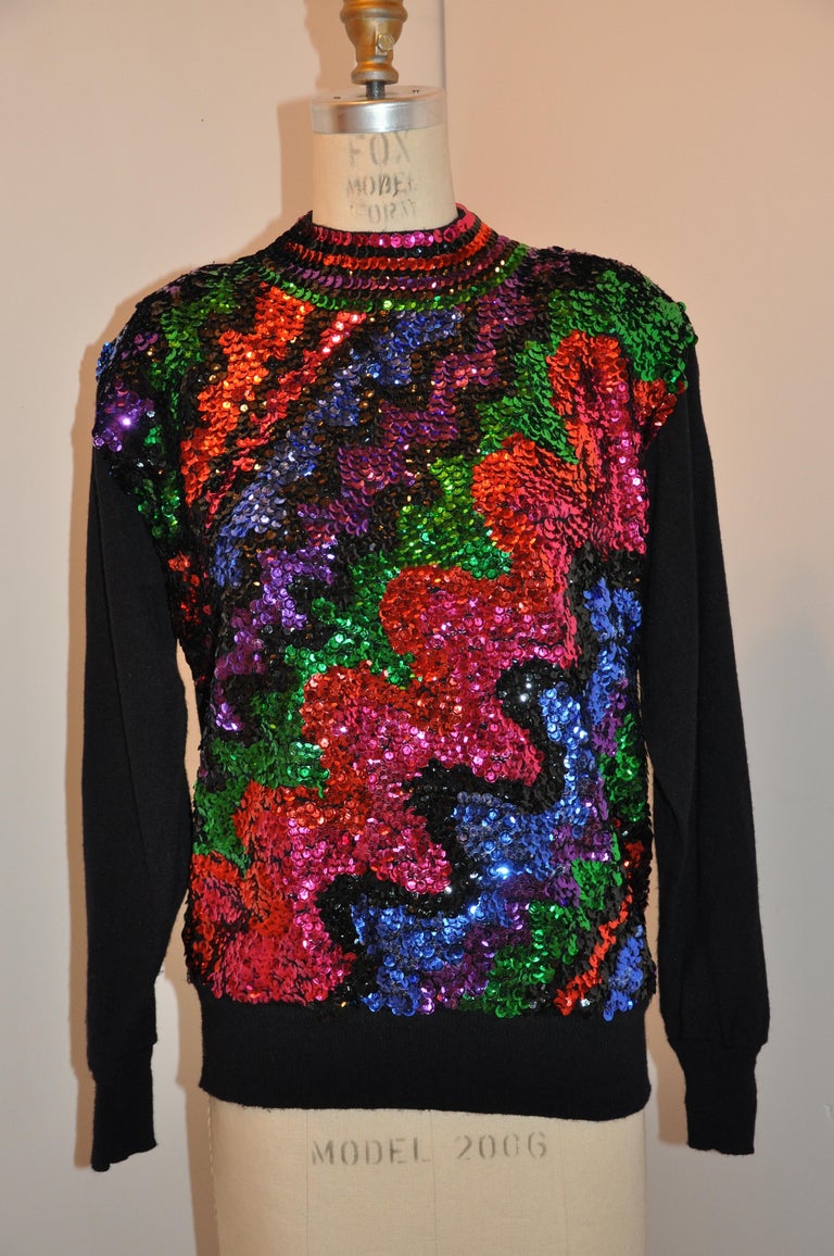 Festive Multicolor Sequined Confetti Front Crewneck Black Pullover Sweater