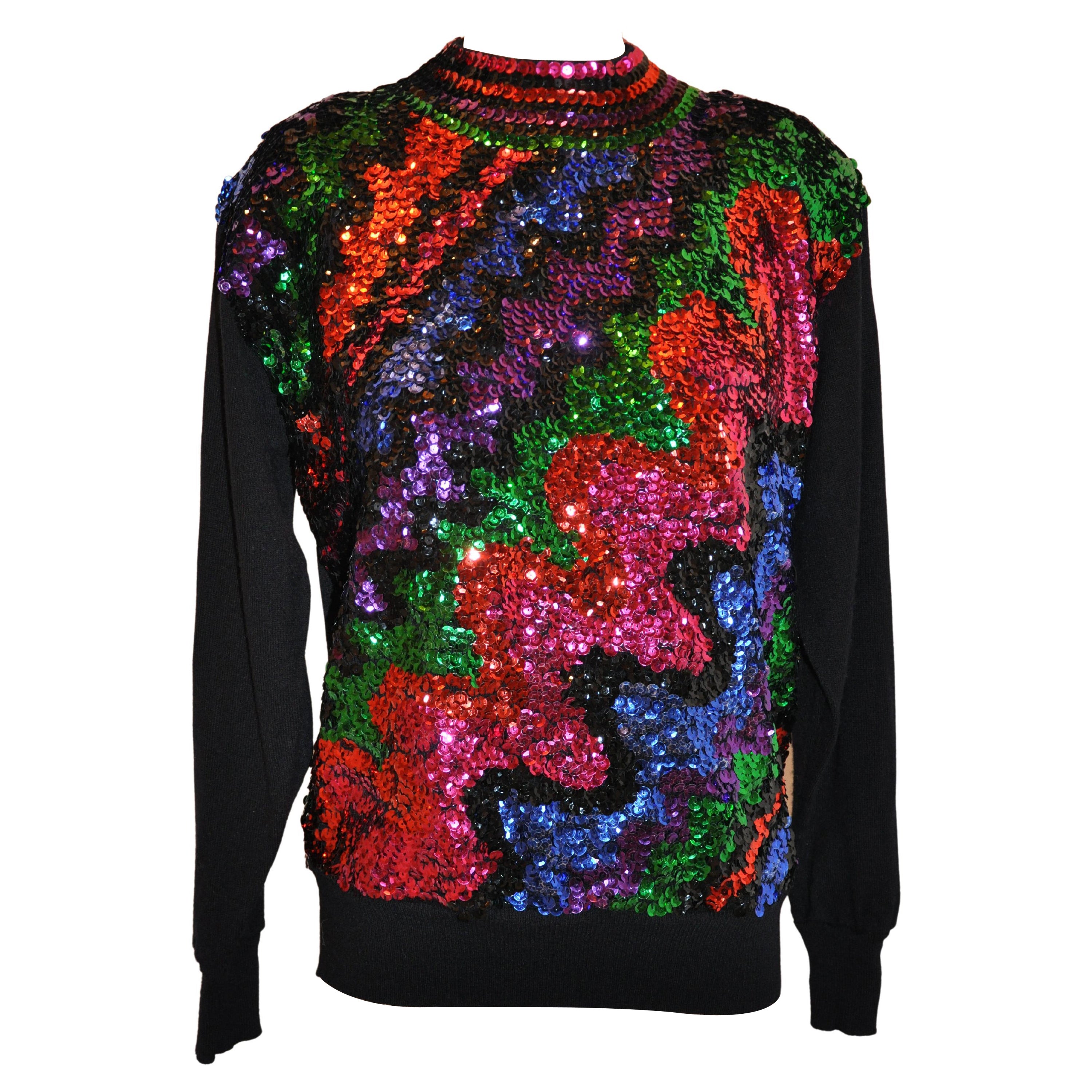 Festive Multicolor "Sequined Confetti" Front Crewneck Black Pullover Sweater For Sale