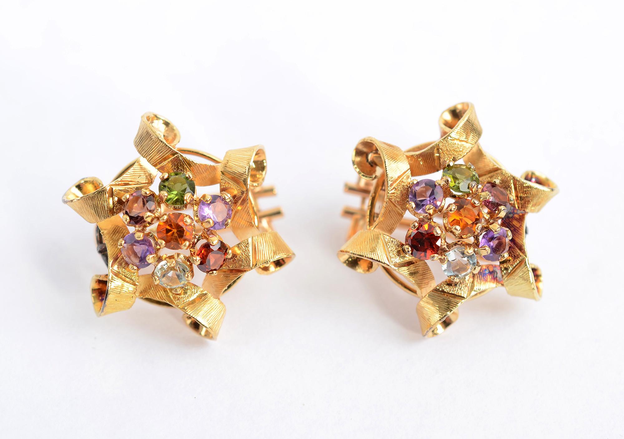 Festive Multigem Gold Ribbon Earrings In Excellent Condition For Sale In Darnestown, MD