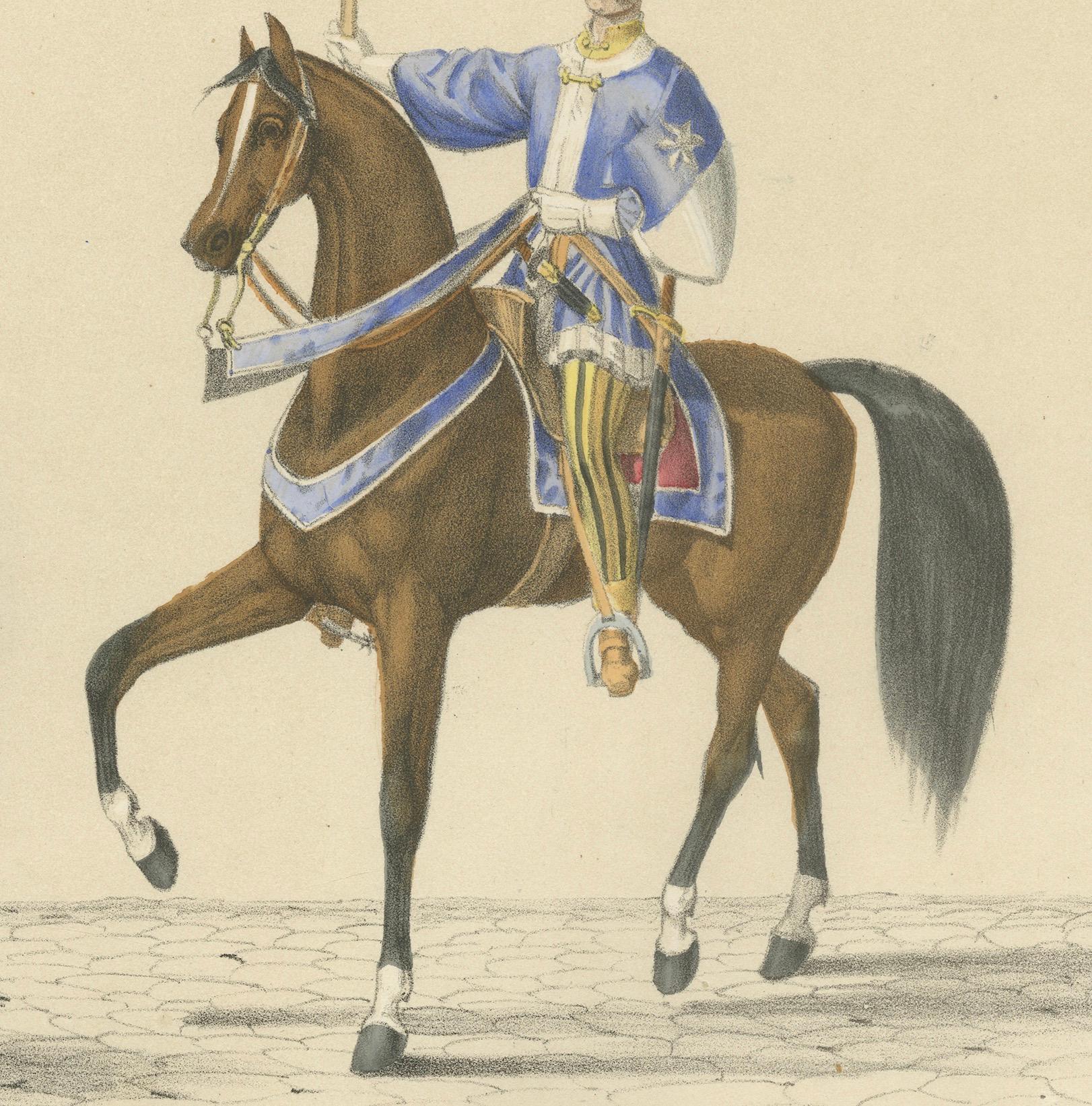 Title: Festive Parade – Adrian von Bubenberg and His Household Banner
 
This magnificent hand-colored lithograph, created by H. Jenny and lithographed by Kümmerly and Wittmer, is part of the 'Fest Album' commemorating Bern’s entry into the Swiss