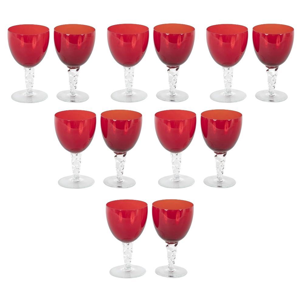 Festive Set of 12 Red Crystal with Clear Stem Goblets For Sale