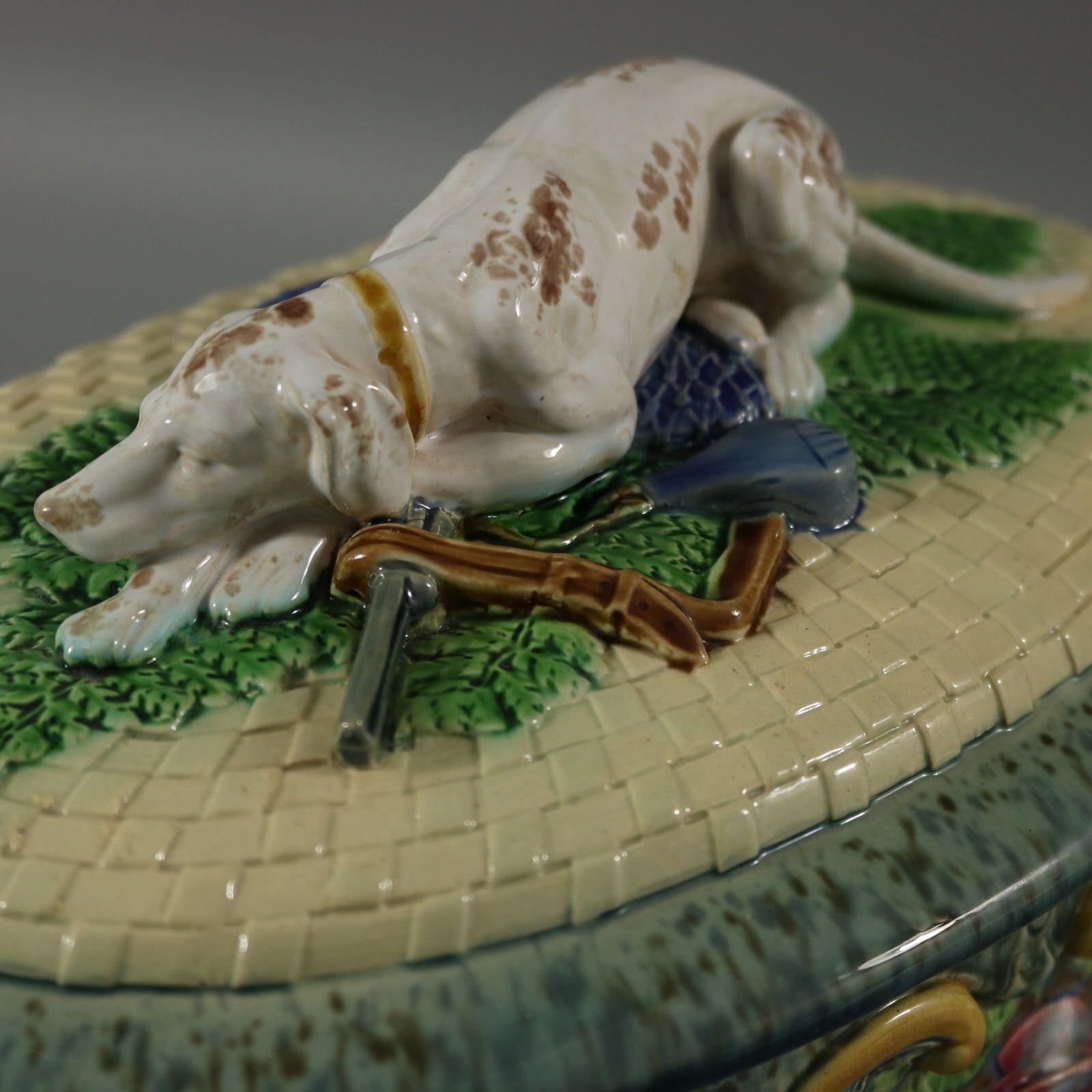 Festive Victorian Minton Majolica Game Pie Dish with Gun Dog For Sale 6