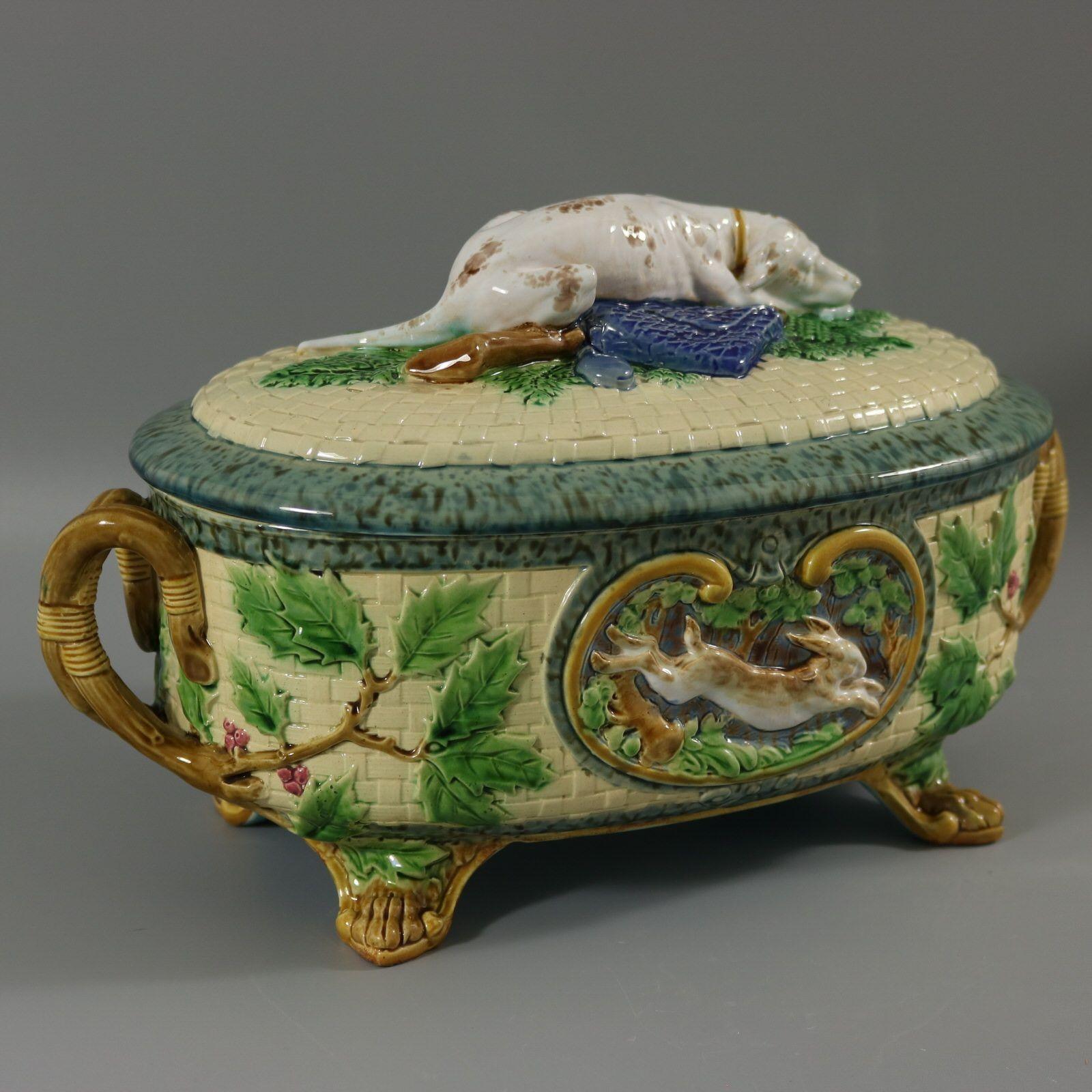 Festive Victorian Minton Majolica Game Pie Dish with Gun Dog For Sale 1