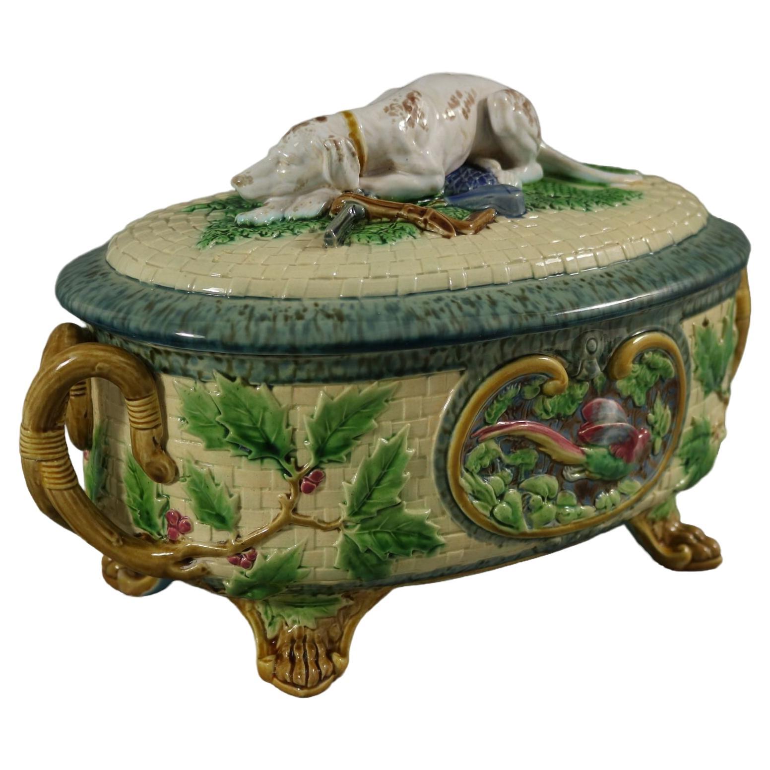 Festive Victorian Minton Majolica Game Pie Dish with Gun Dog