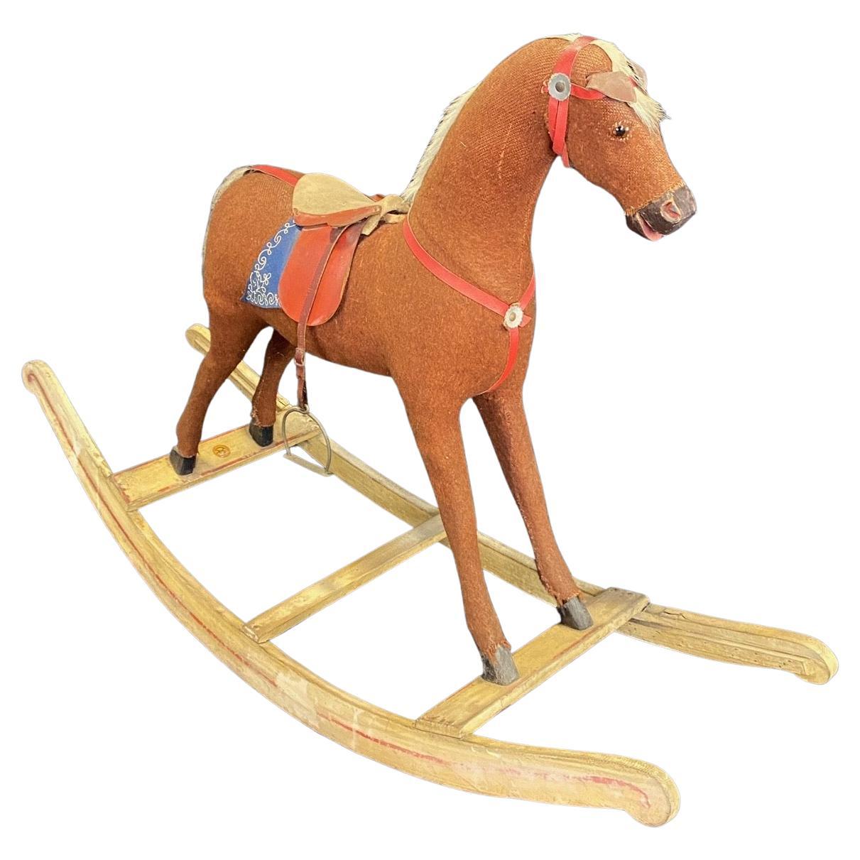  Fetching Folk Art British 19th Century Rocking Horse with Glass Eyes For Sale