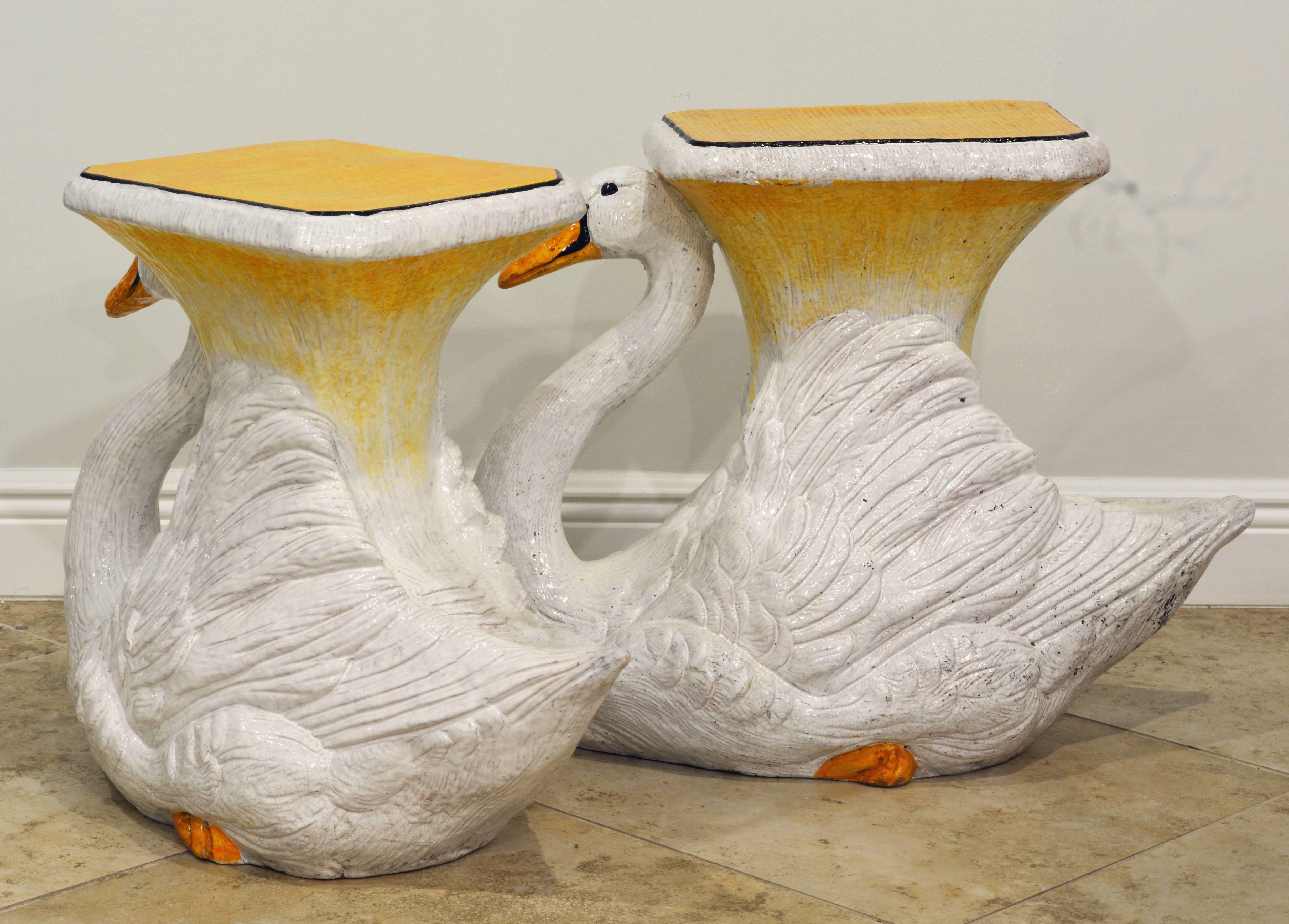 Mid-Century Modern Fetching Pair of Vintage Italian Glazed Ceramic Swan Garden Seats