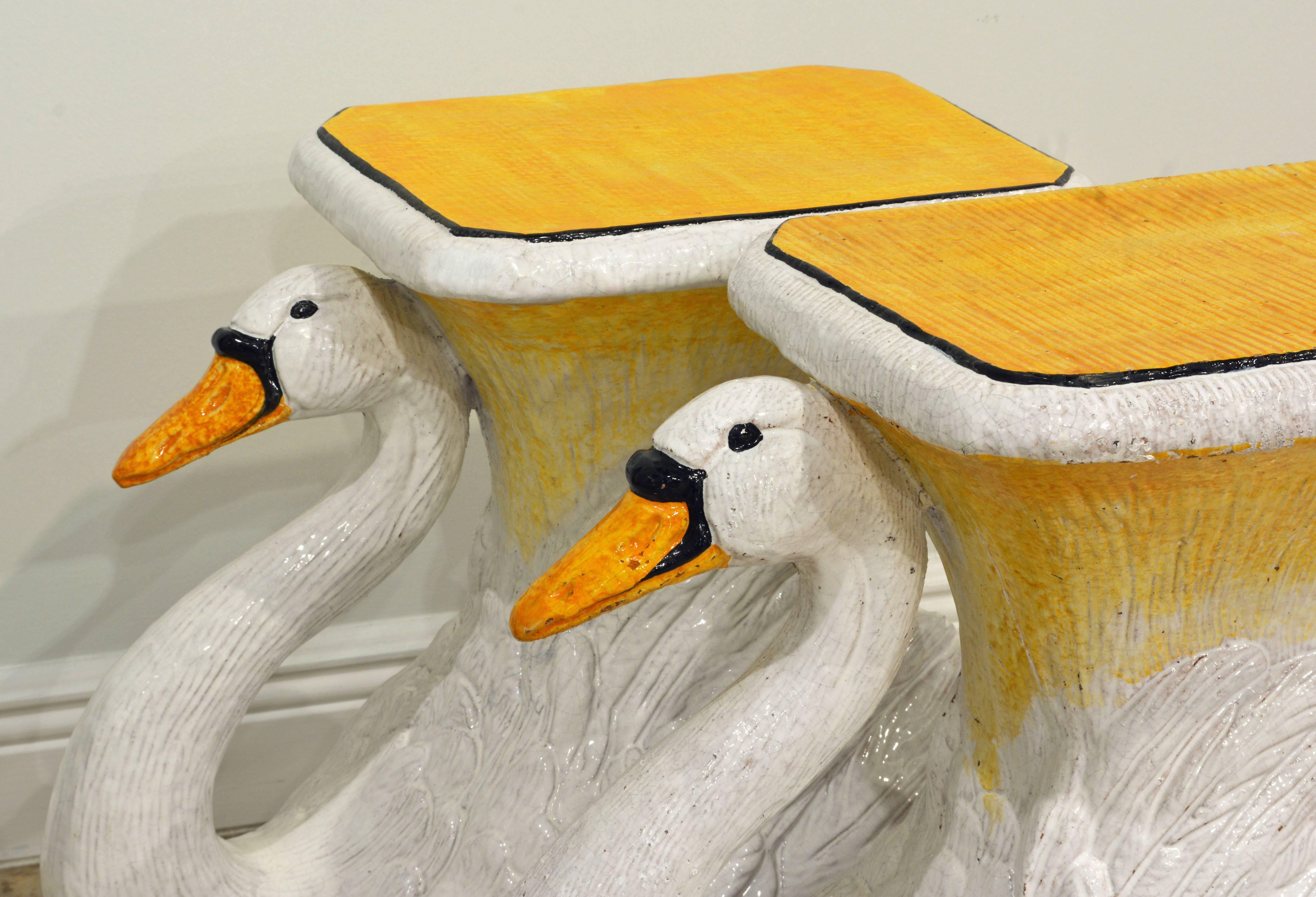 Fetching Pair of Vintage Italian Glazed Ceramic Swan Garden Seats In Good Condition In Ft. Lauderdale, FL
