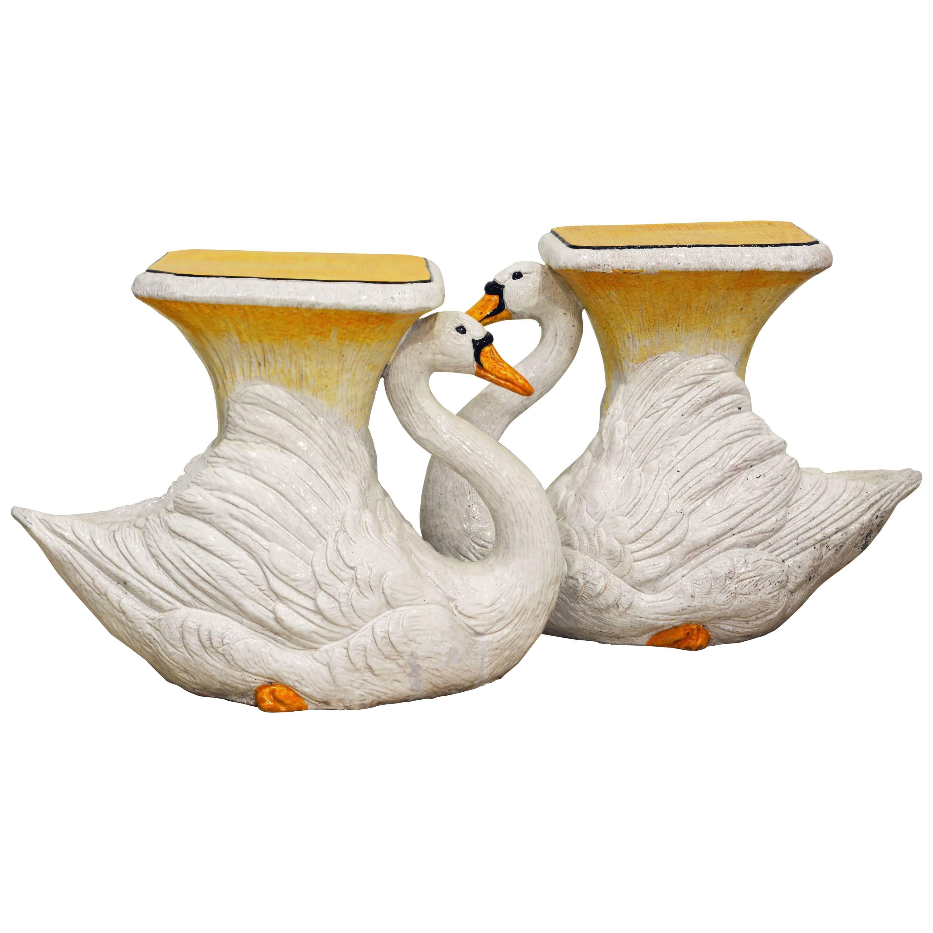 Fetching Pair of Vintage Italian Glazed Ceramic Swan Garden Seats