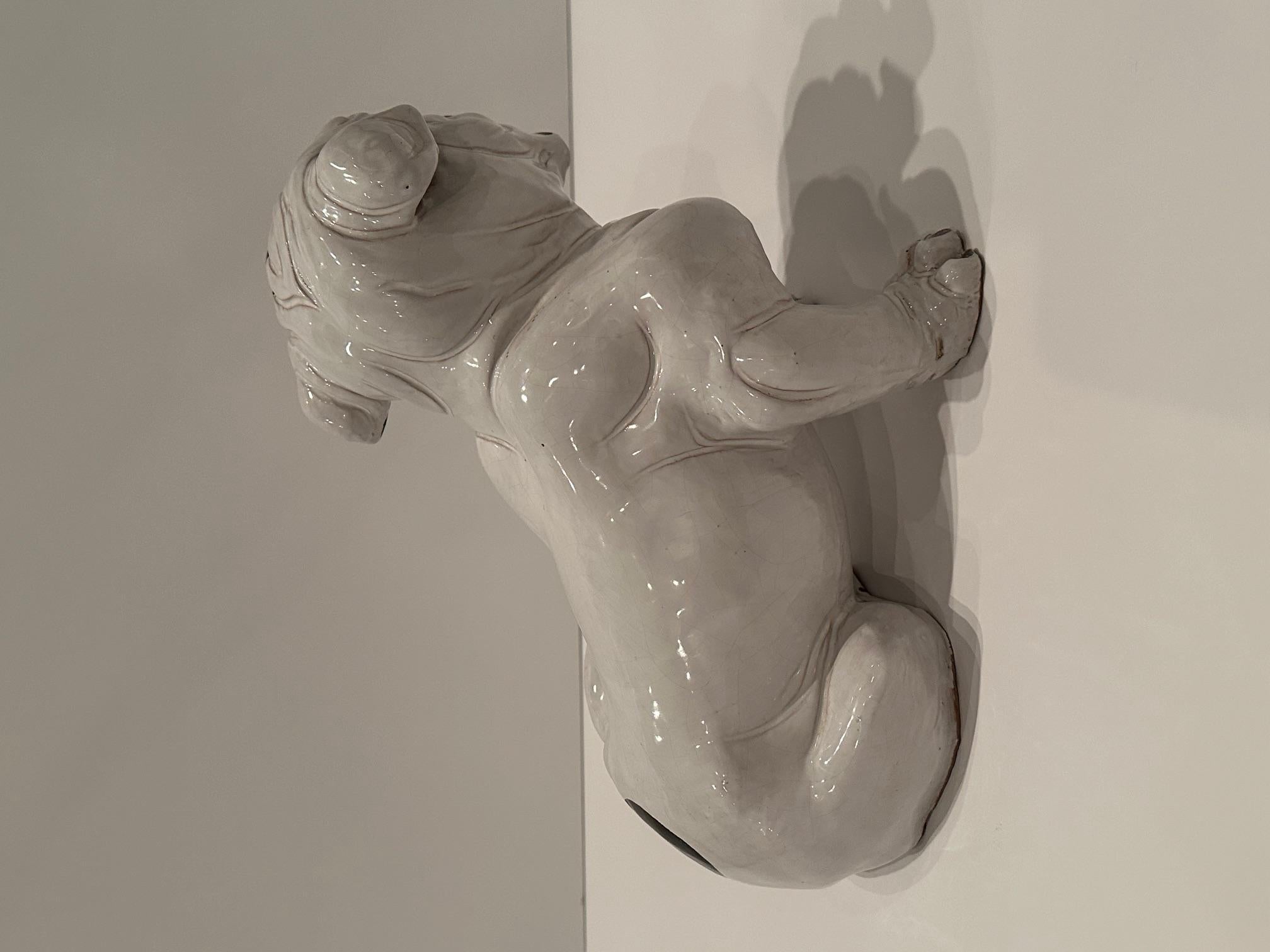 Eye catching and adorable large glazed terracotta bulldog sculpture, hand made in Italy.