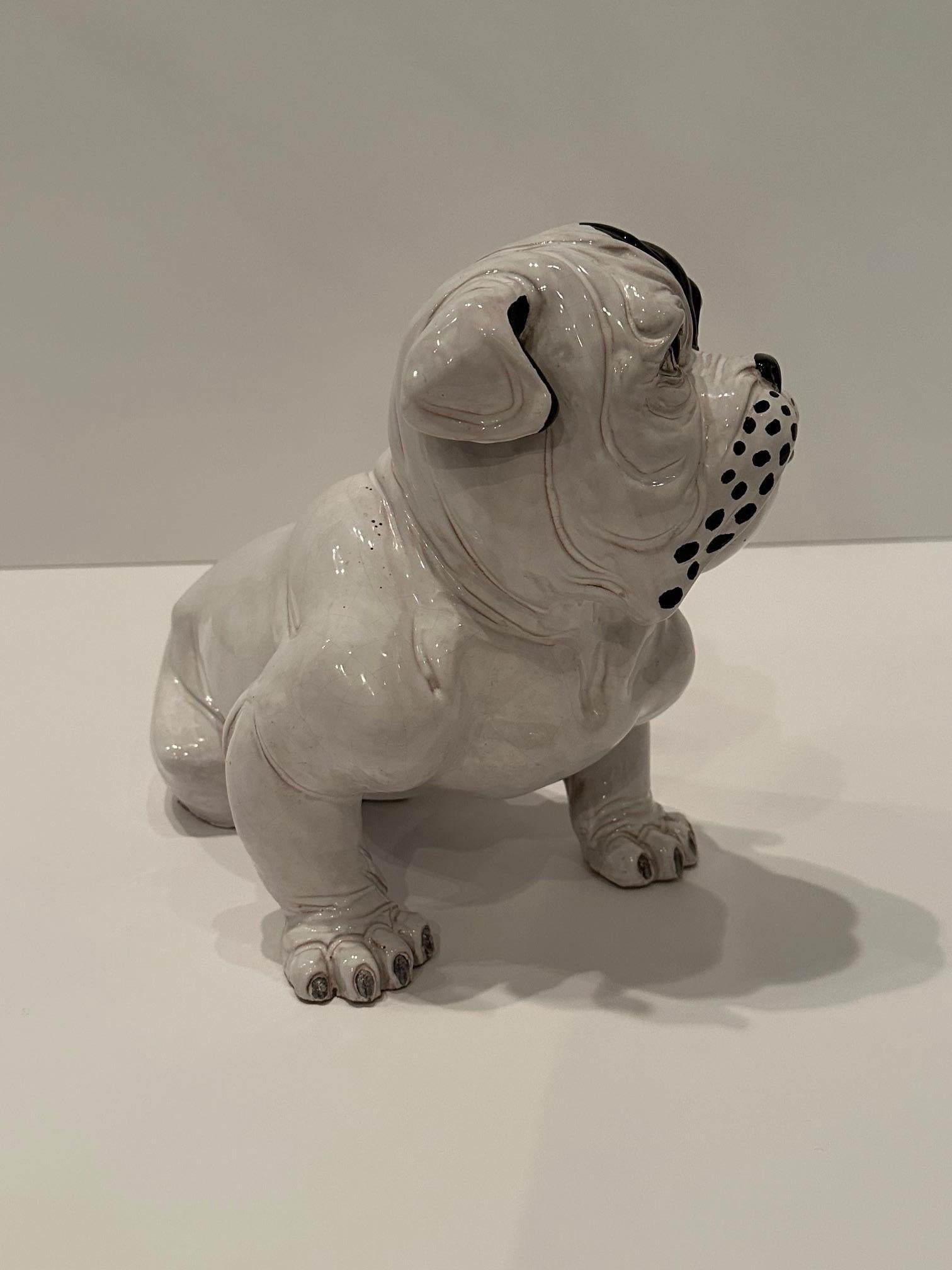 Glazed Fetching Terracotta Italian Black and White Bulldog Sculpture For Sale