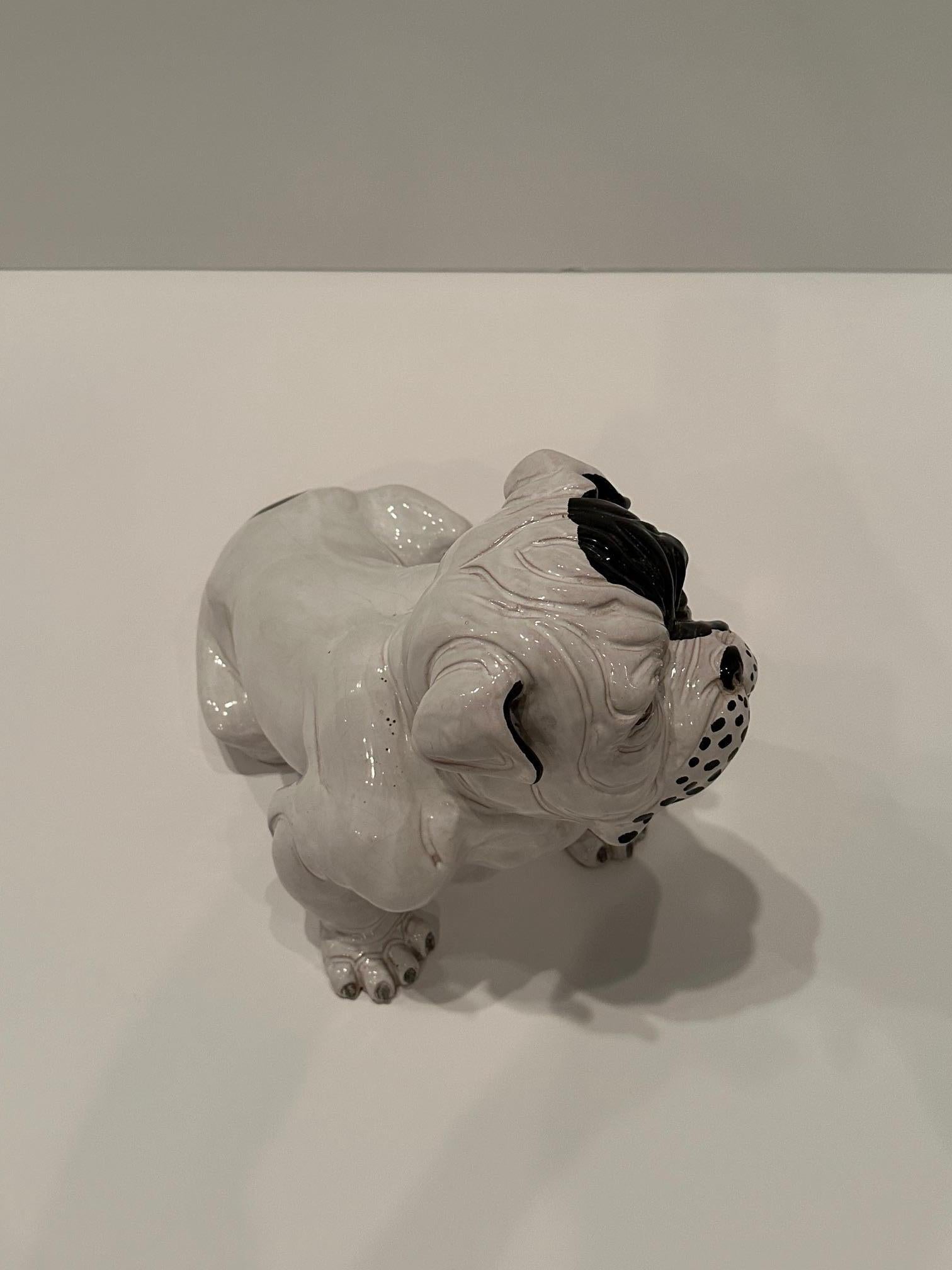 Fetching Terracotta Italian Black and White Bulldog Sculpture In Good Condition For Sale In Hopewell, NJ