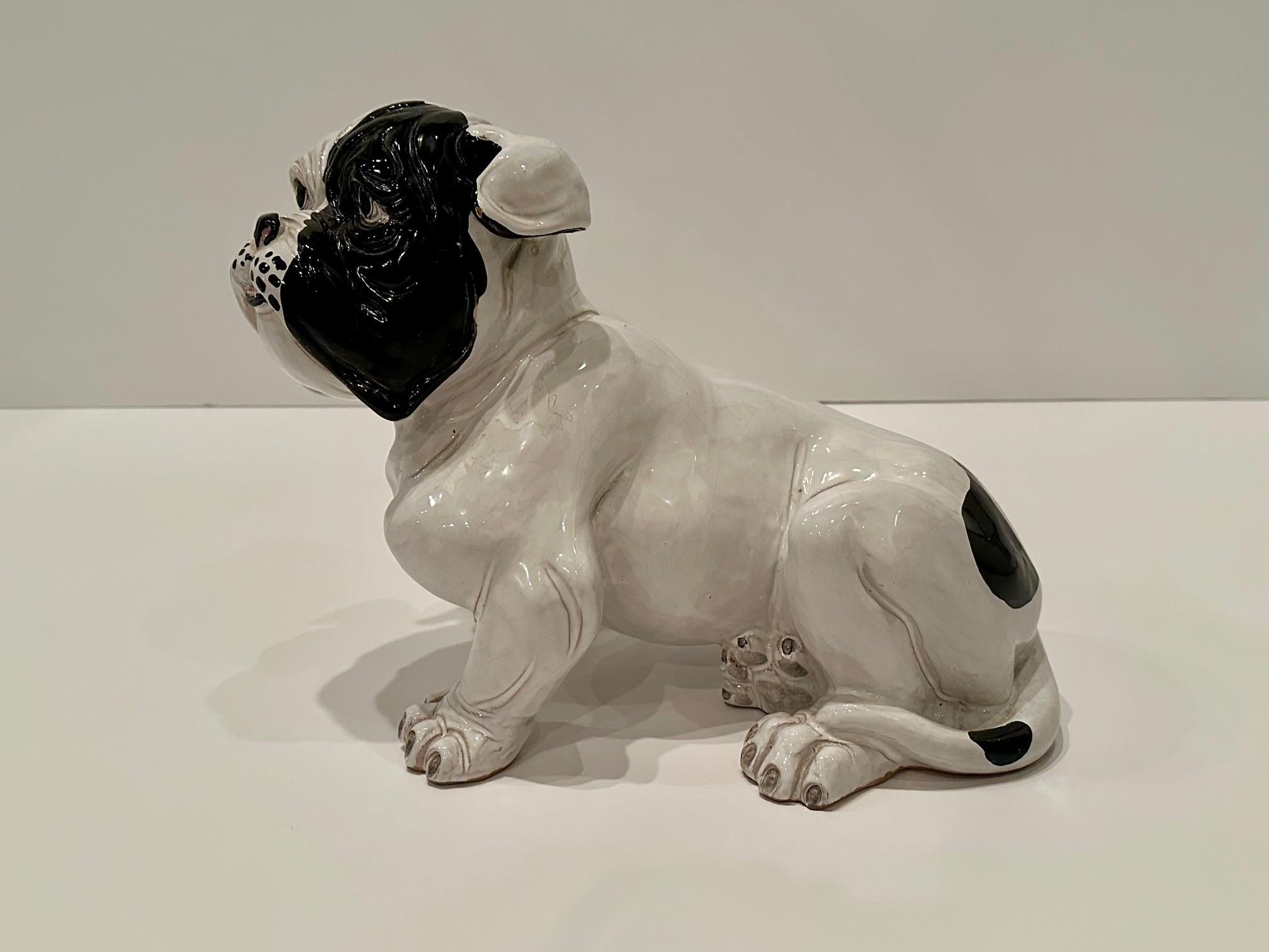 Mid-20th Century Fetching Terracotta Italian Black and White Bulldog Sculpture For Sale