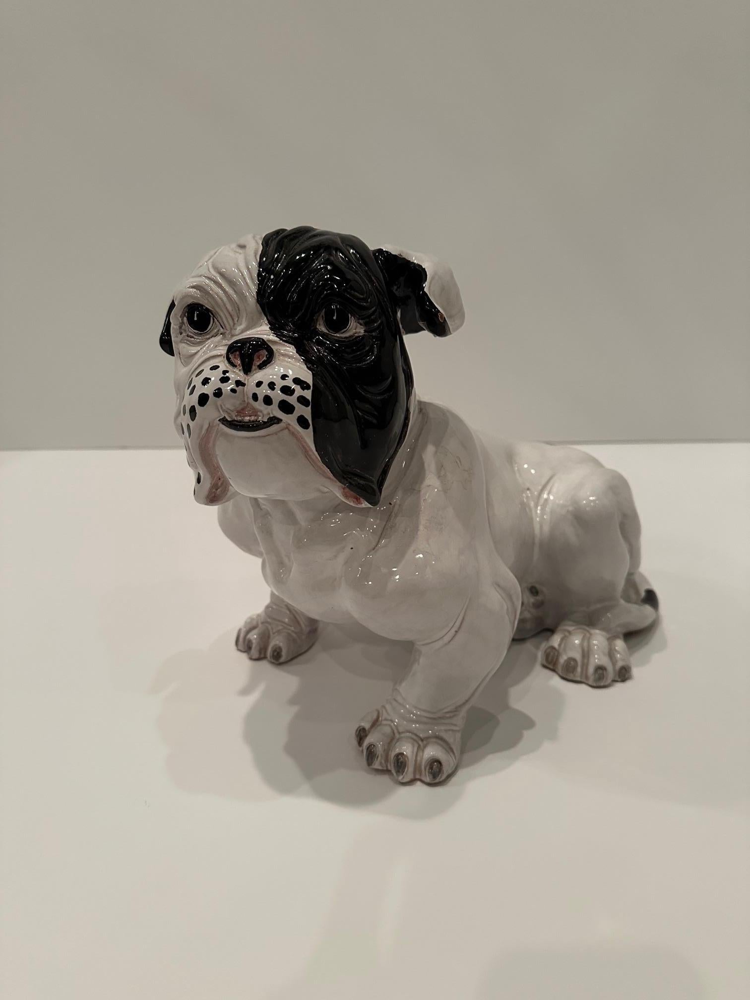 Fetching Terracotta Italian Black and White Bulldog Sculpture For Sale 2
