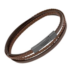 Fettuccine Multi-Strand Bracelet in Brown Leather with Black Rhodium, Size M