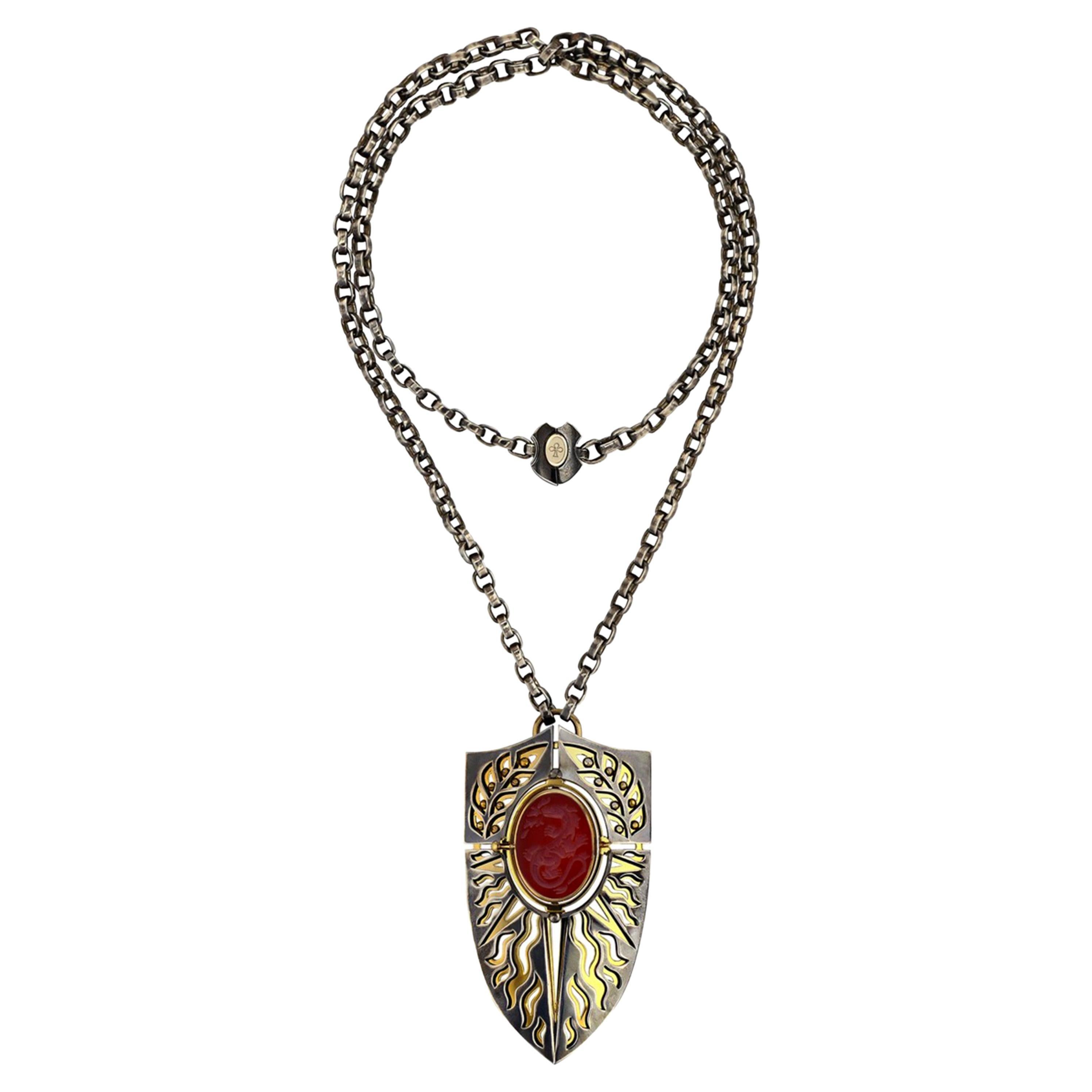 FEU Bouclier Pendant in 18k Yellow Gold & Distressed Silver by Elie Top