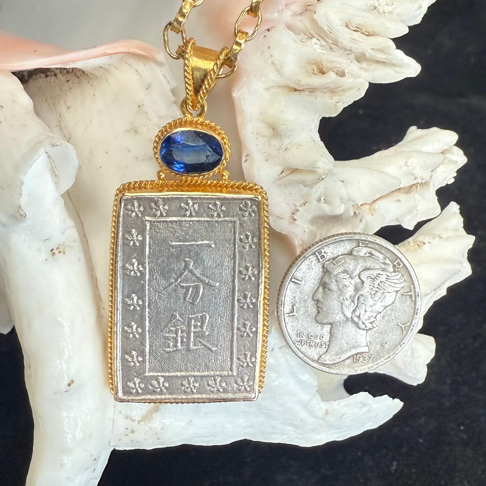 Feudal Japan Silber Samurai Münze Kyanit 18K Gold Anhänger 4