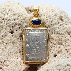 Feudal Japan Silver Samurai Coin Kyanite 18K Gold Pendant