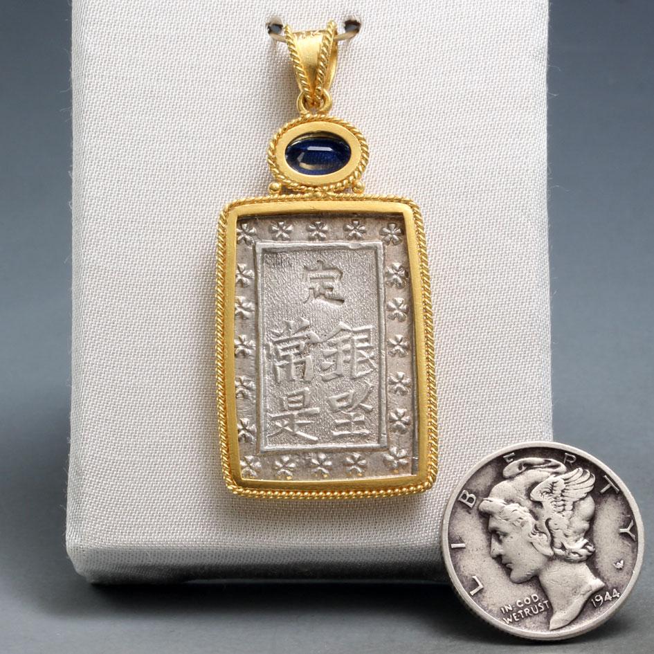 Feudal Japan Silber Samurai Münze Kyanit 18K Gold Anhänger 2