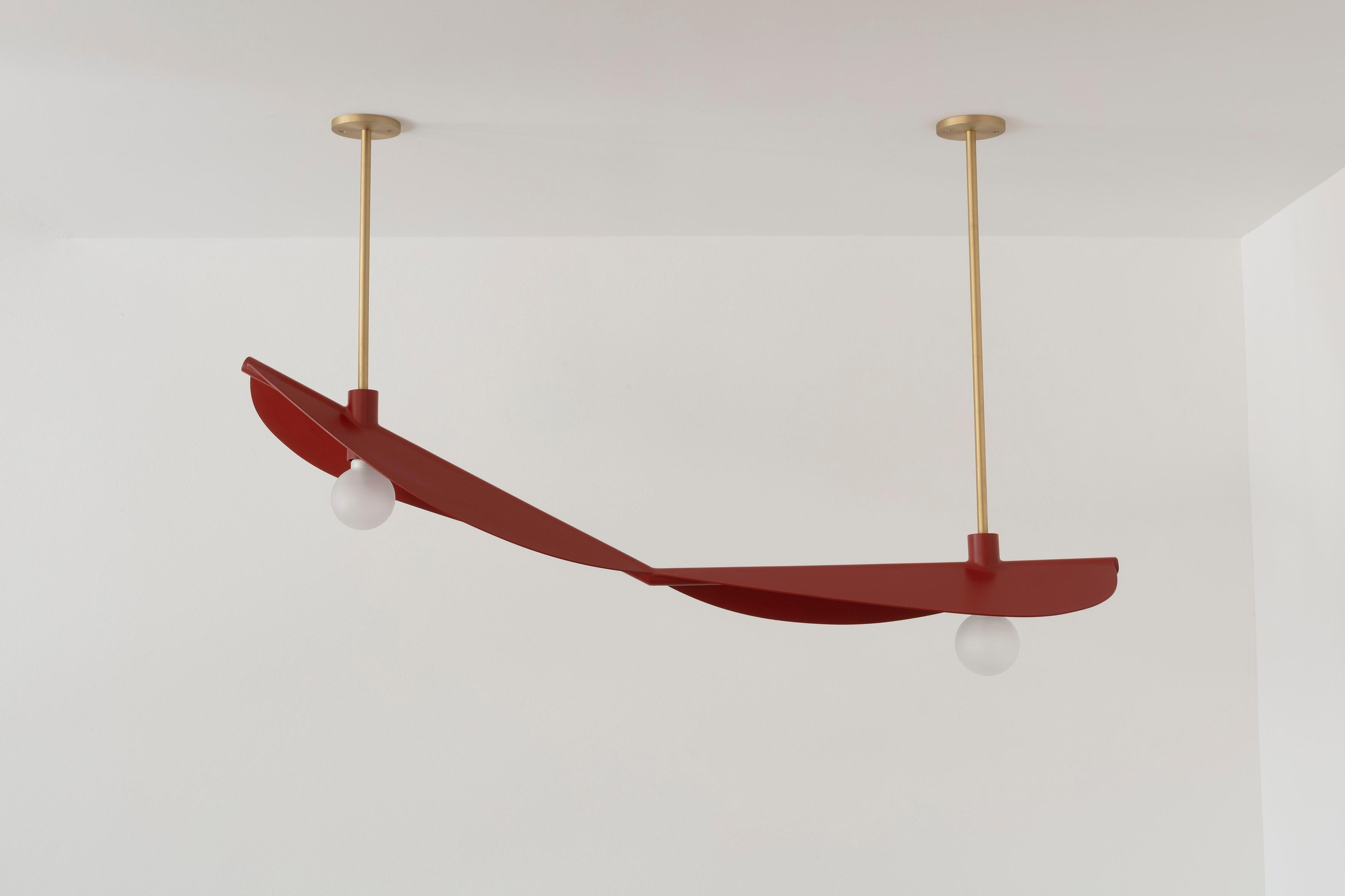 Feuillage duo ceiling mounted burgundy - Carla Baz
Dimensions: L 140 x W 30 x H 80 cm
Weight: 10 kg
Material: Painted steel, Brass

Feuillage is a lighting installation composed of fine metal leaves delicately welded on a branch holding frosted
